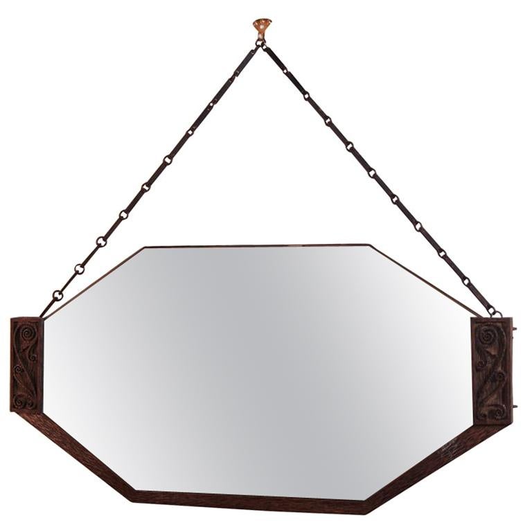 Striking Octagonal Art Deco Mirror with Patined Bronze Frame