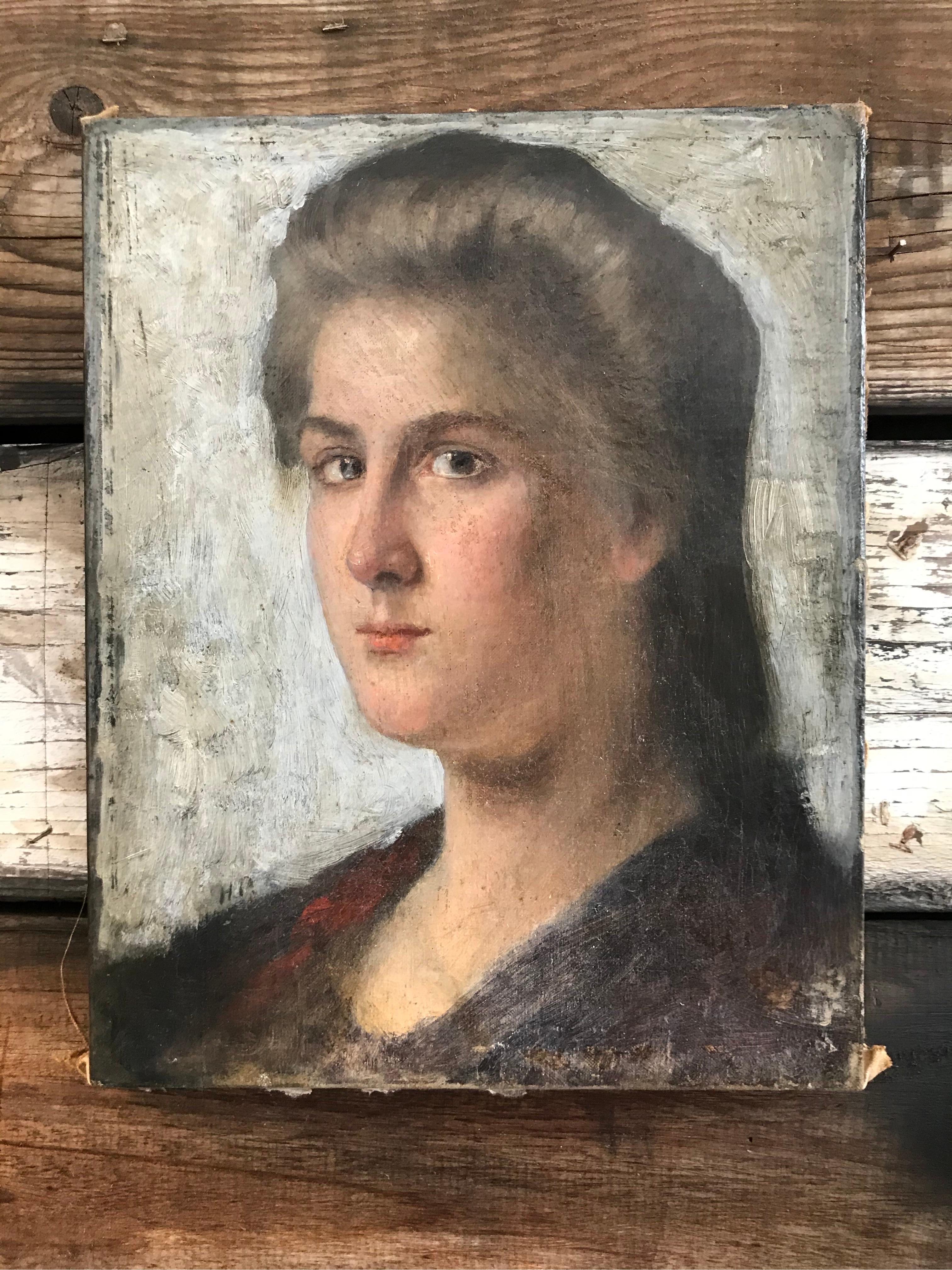 Remarquable huile sur toile - Portrait d'une jeune femme en vente 2