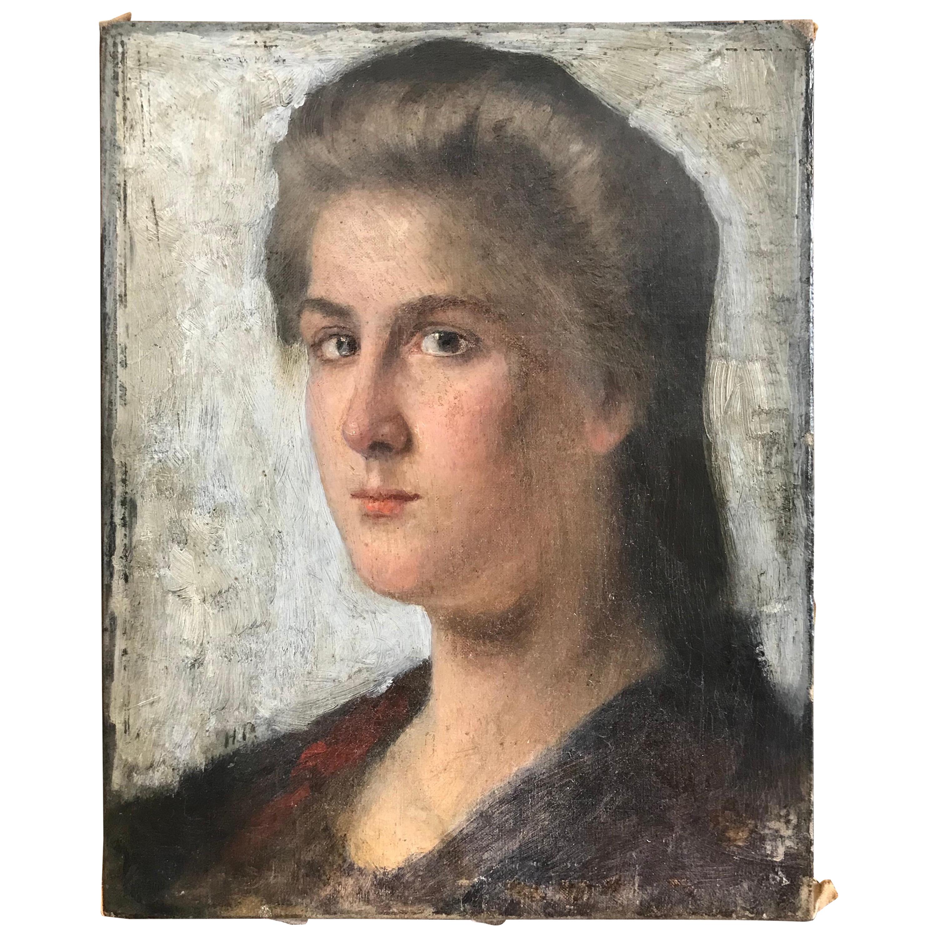 Striking Oil on Canvas Portrait of a Young Lady For Sale