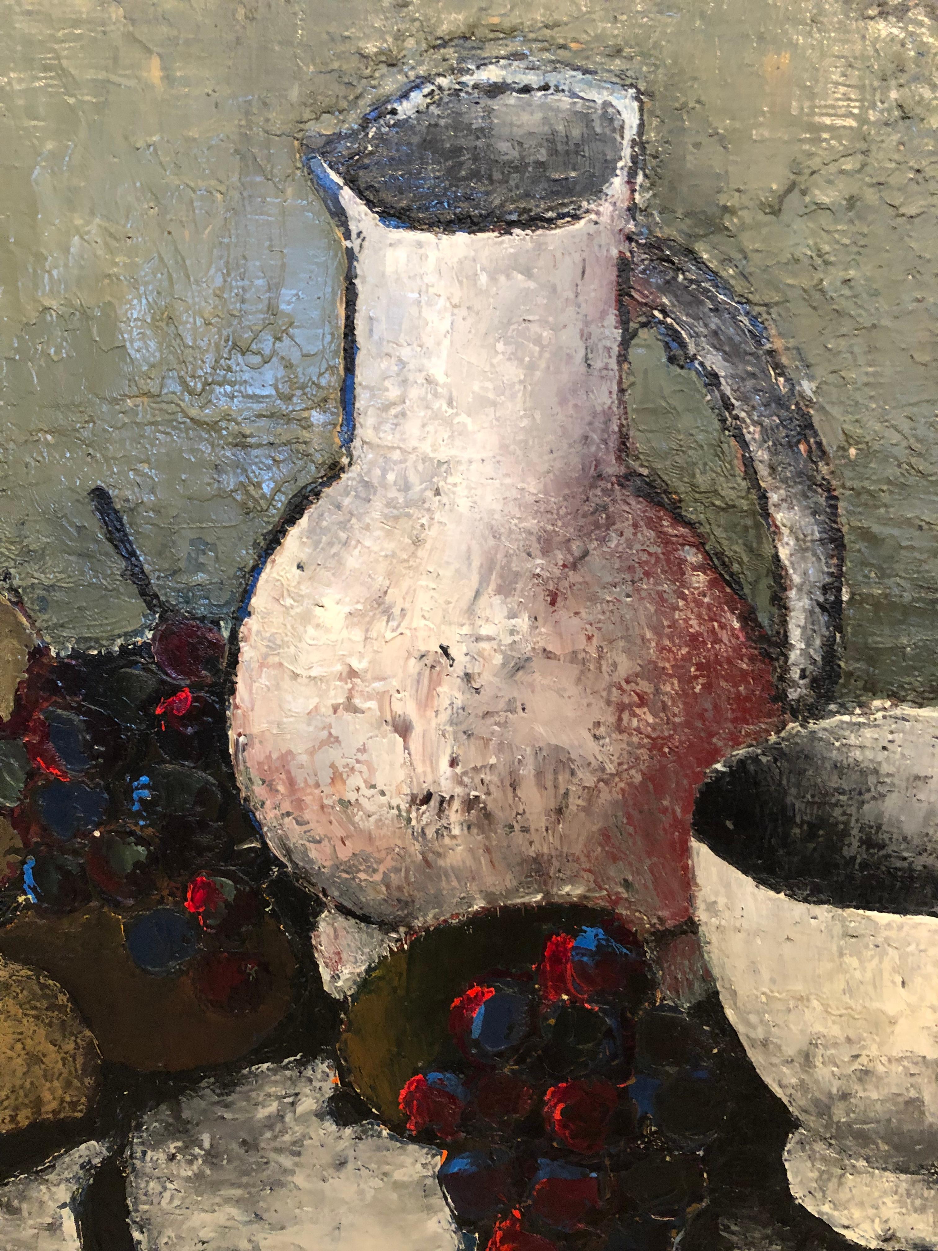 Beautifully rendered muted still life having a sophisticated modern style in tones of grey and white in the tablecloth and sculptural graphic pottery. The grapes have wonderful mix of red and blue, and the overall texture of application of paint is