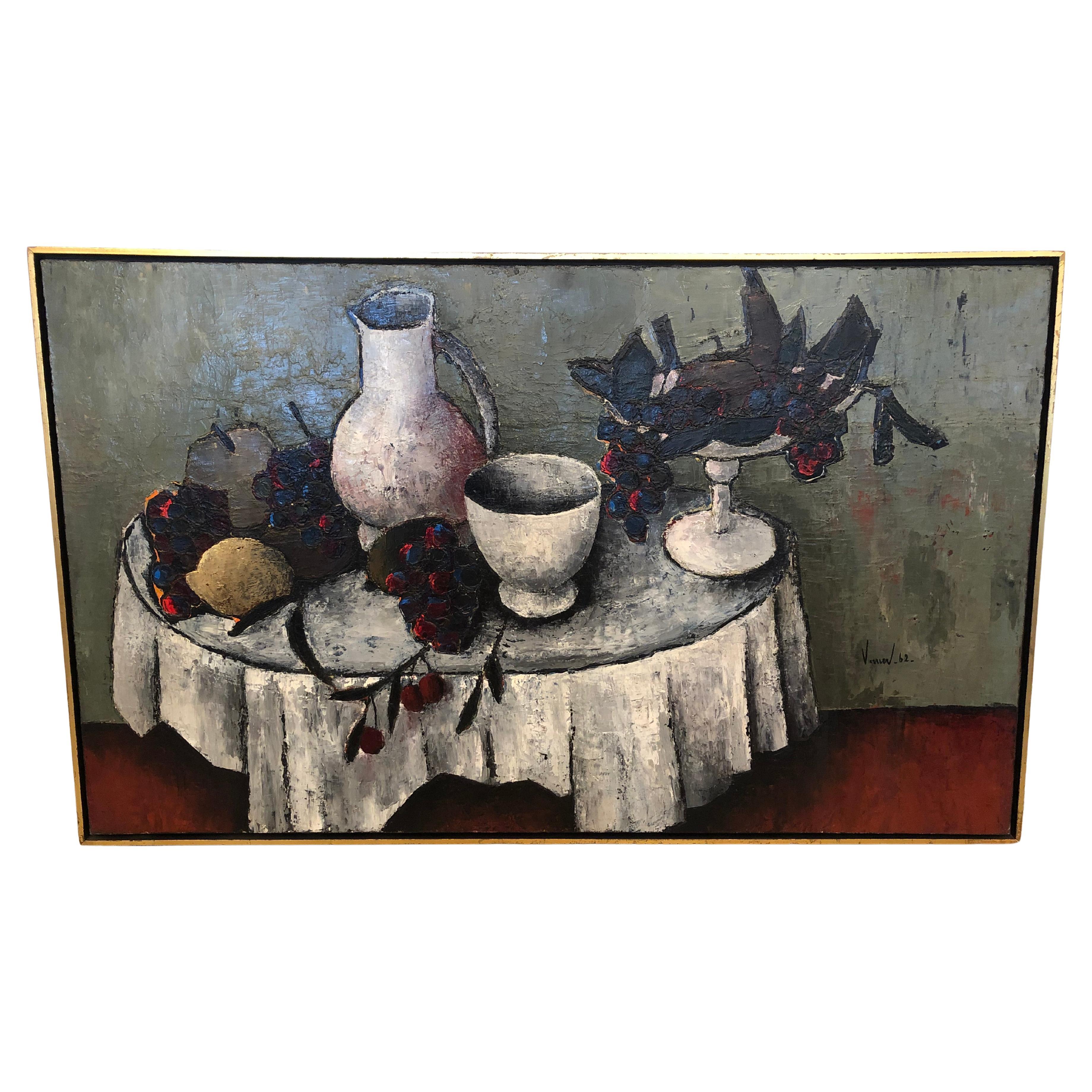 Striking Original French Still Life of Fruit and Pottery For Sale