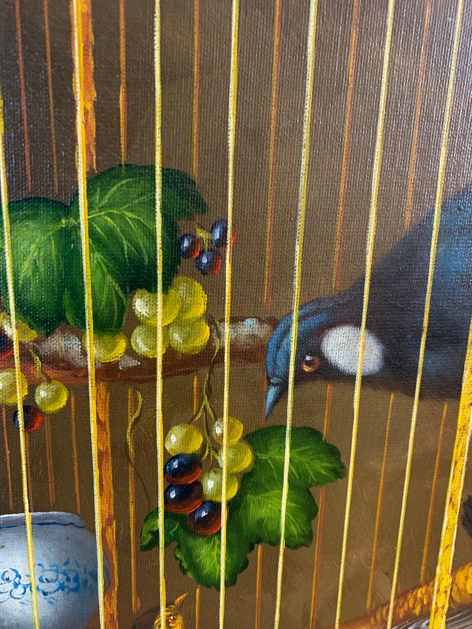 Handsome oil on board still life painting of birds in a decorative birdcage outfitted with berries and fruit.
Note: A matching painting that is slightly different is also available to make a handsome pair.
Measures: Board 24” W x 20” H.