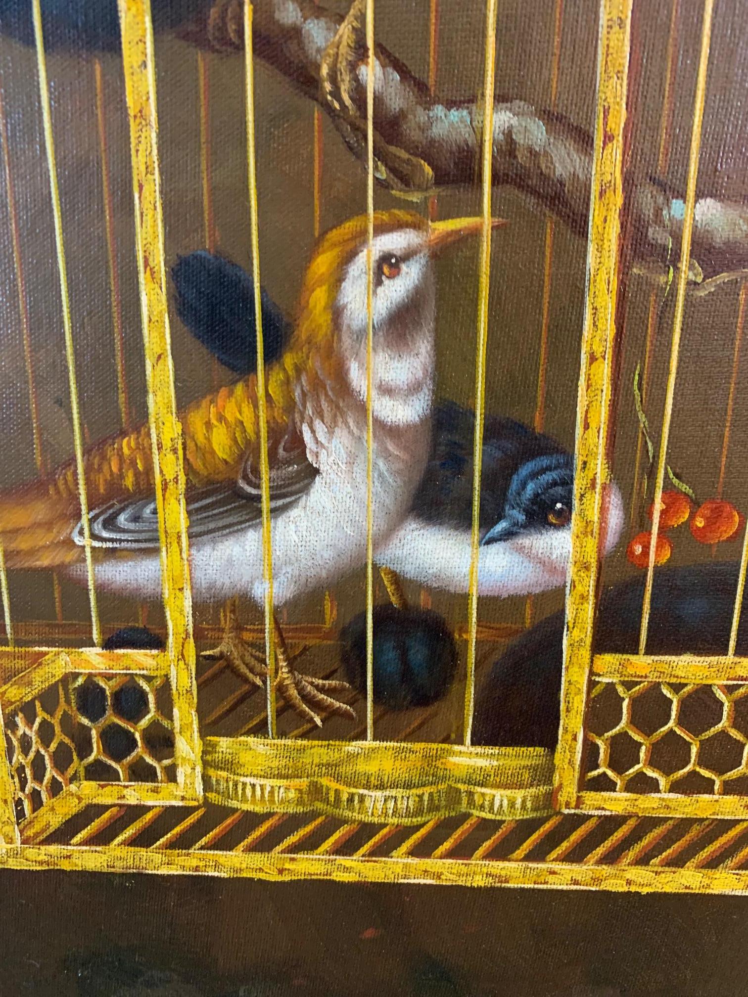 American Striking Painting of Birds in Birdcage with Berries and Fruit For Sale