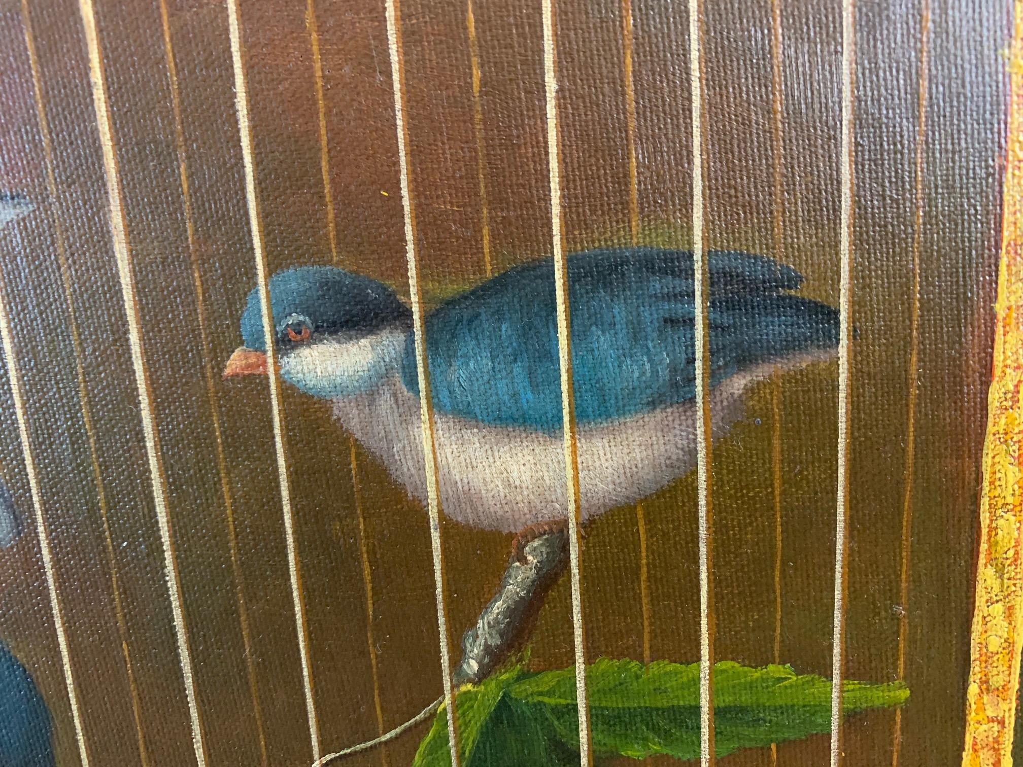 Striking Painting of Birds in Birdcage with Berries and Fruit In Good Condition For Sale In Hopewell, NJ