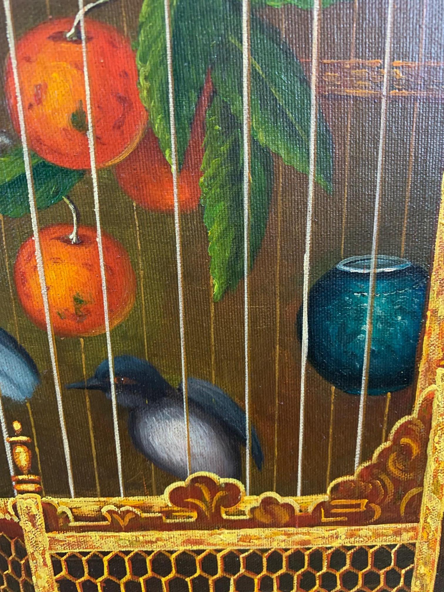 Canvas Striking Painting of Birds in Birdcage with Berries and Fruit For Sale
