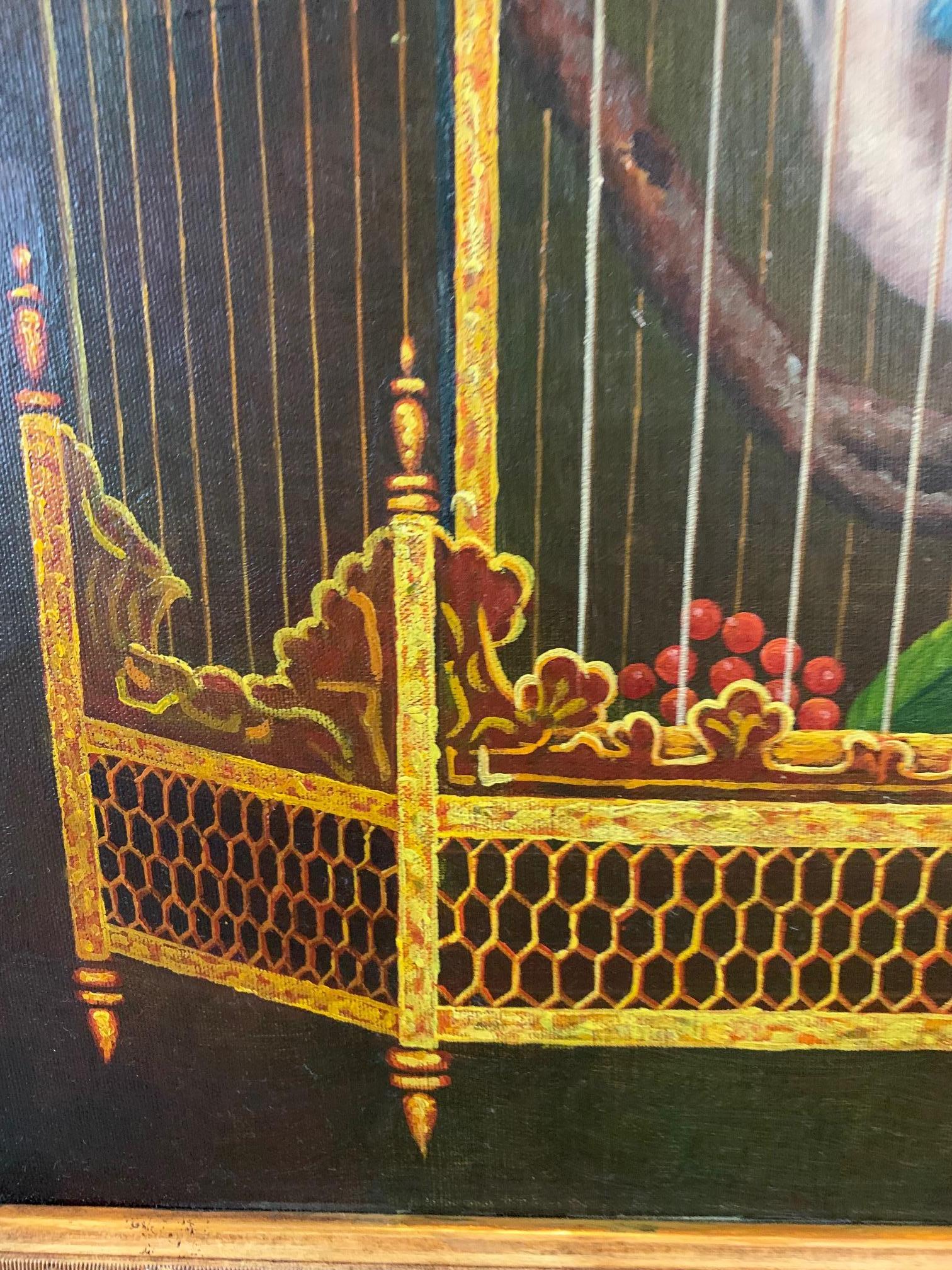 Striking Painting of Birds in Birdcage with Berries and Fruit For Sale 2
