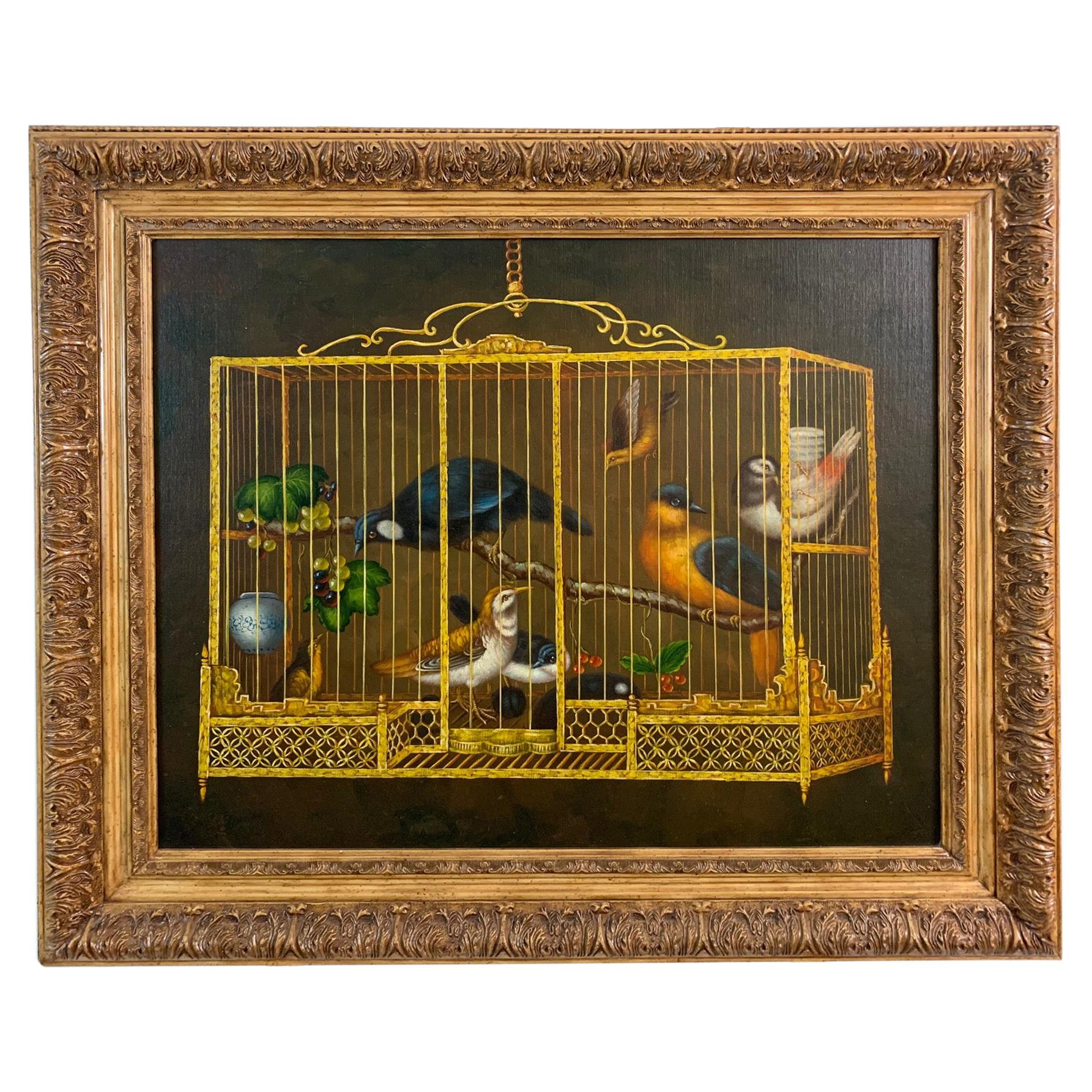 Striking Painting of Birds in Birdcage with Berries and Fruit For Sale