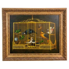 Remarquable peinture d'oiseaux dans une cage à oiseaux avec baies et fruits