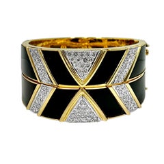 Striking Pair 18K Yellow Gold Onyx & Diamond Bangles- 1 Inch Wide Worn Together