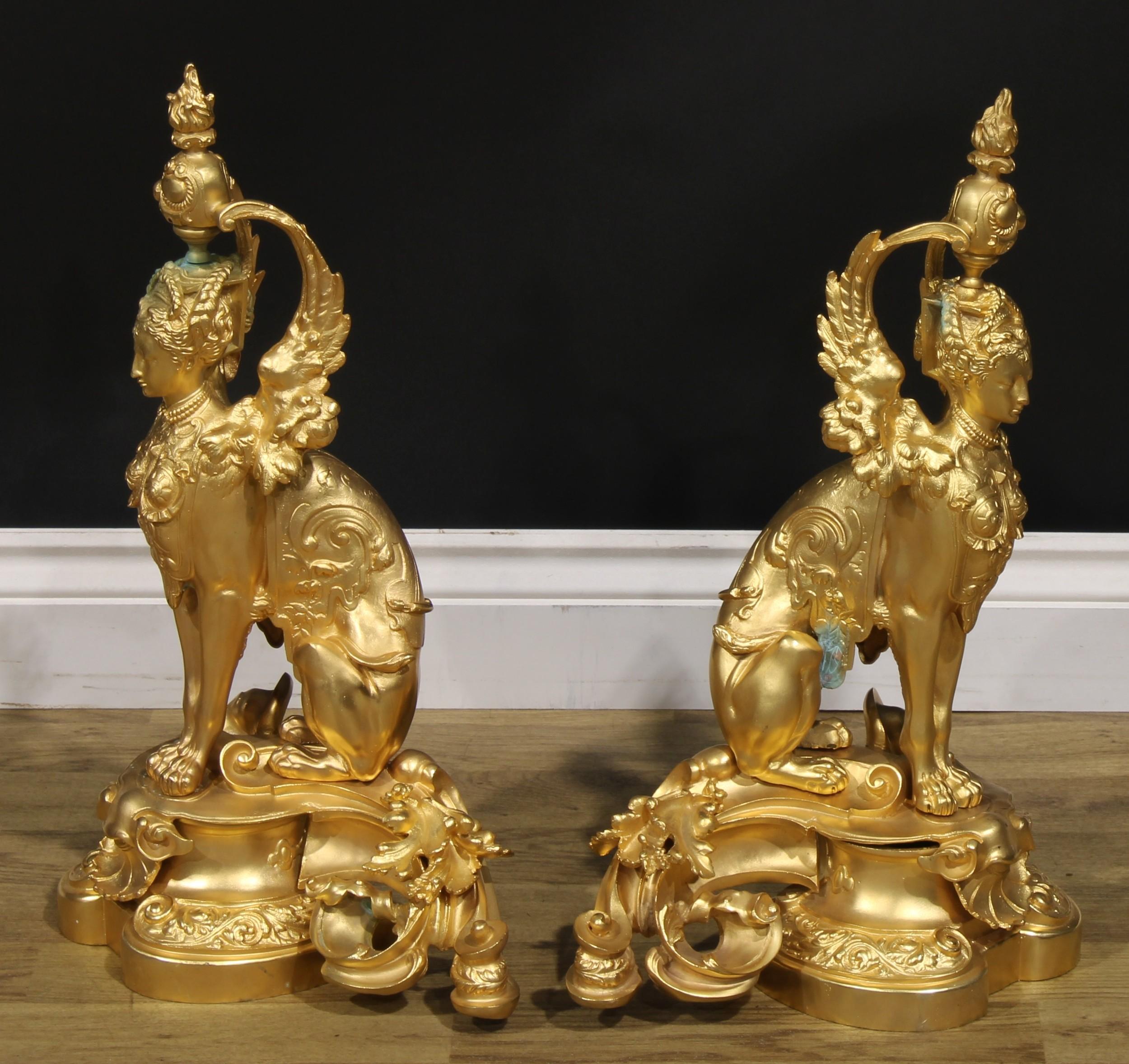 Striking Pair of Gilt Metal French Rococo Greek Sphinx Chenets Andirons 
Good overall condition

Free international shipping.