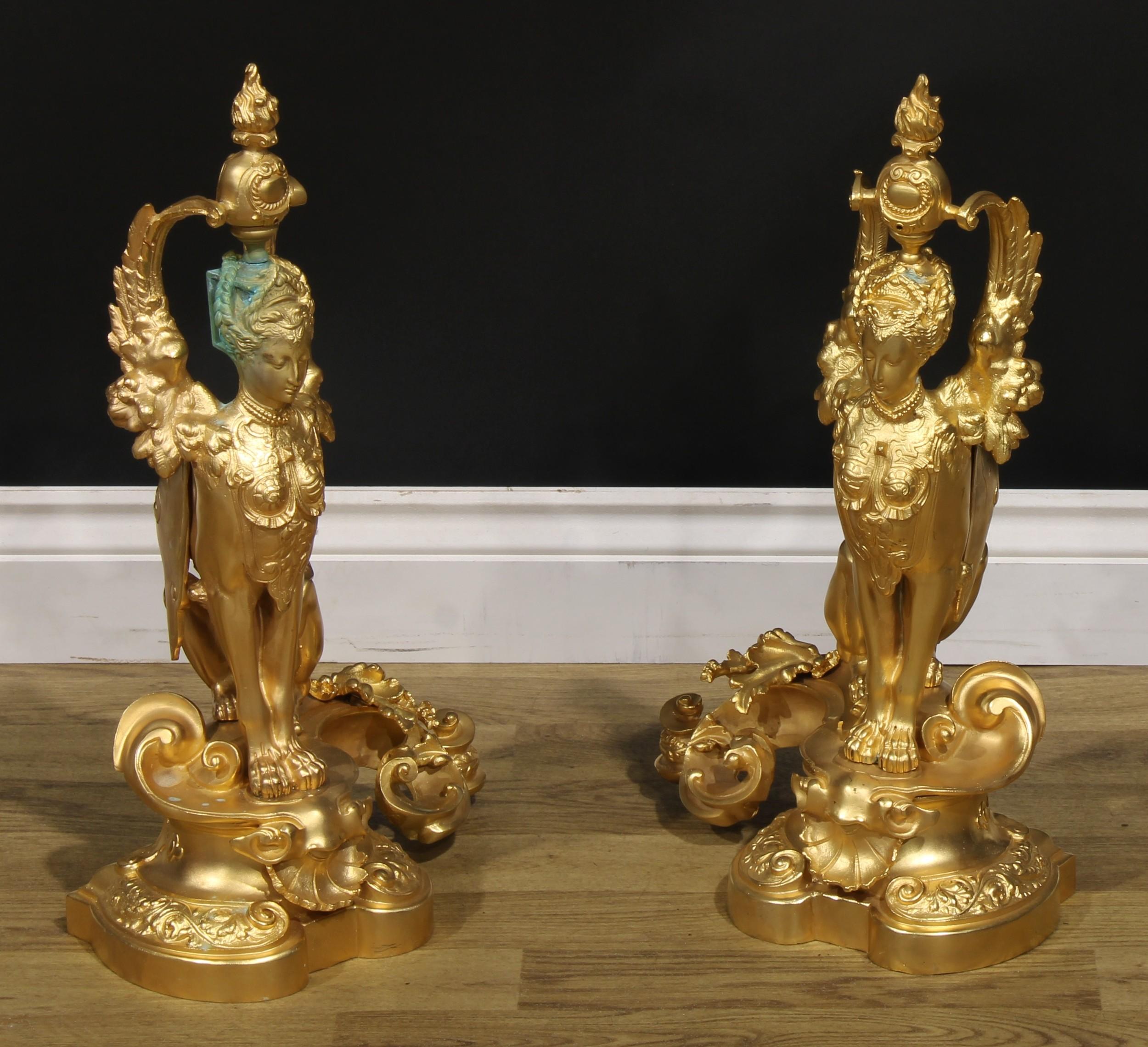 Striking Pair Gilt Metal French Rococo Greek Sphinx Fireplace Chenets Andirons  In Good Condition For Sale In Nottingham, GB
