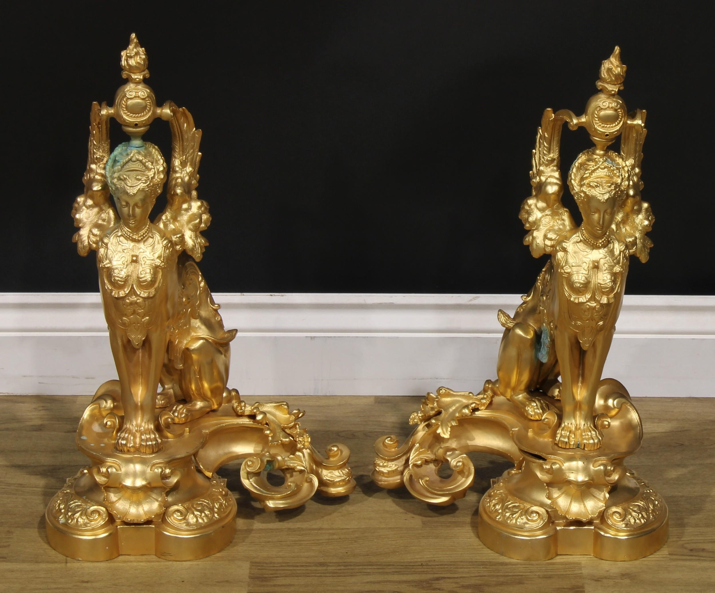 19th Century Striking Pair Gilt Metal French Rococo Greek Sphinx Fireplace Chenets Andirons  For Sale