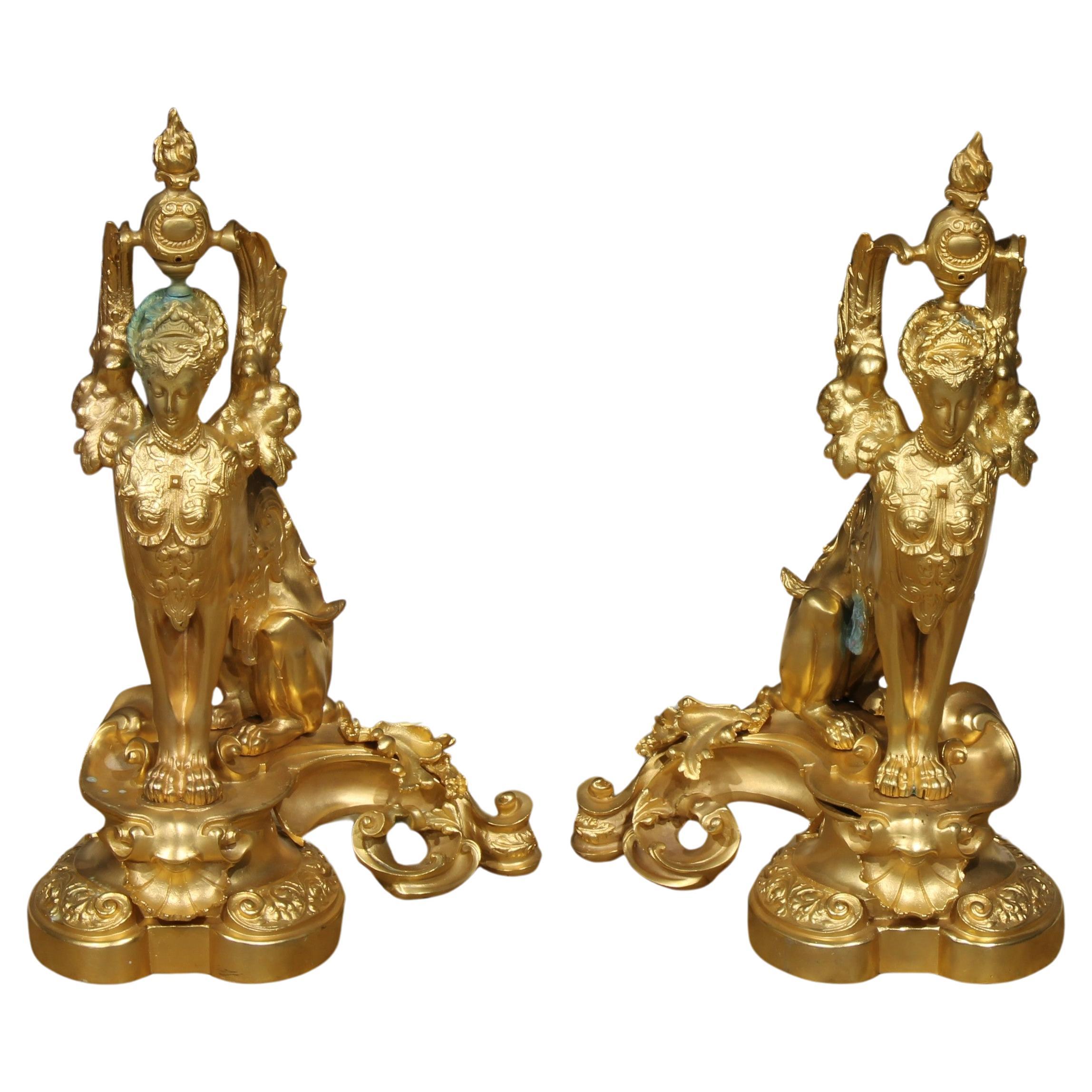 Striking Pair Gilt Metal French Rococo Greek Sphinx Fireplace Chenets Andirons  For Sale