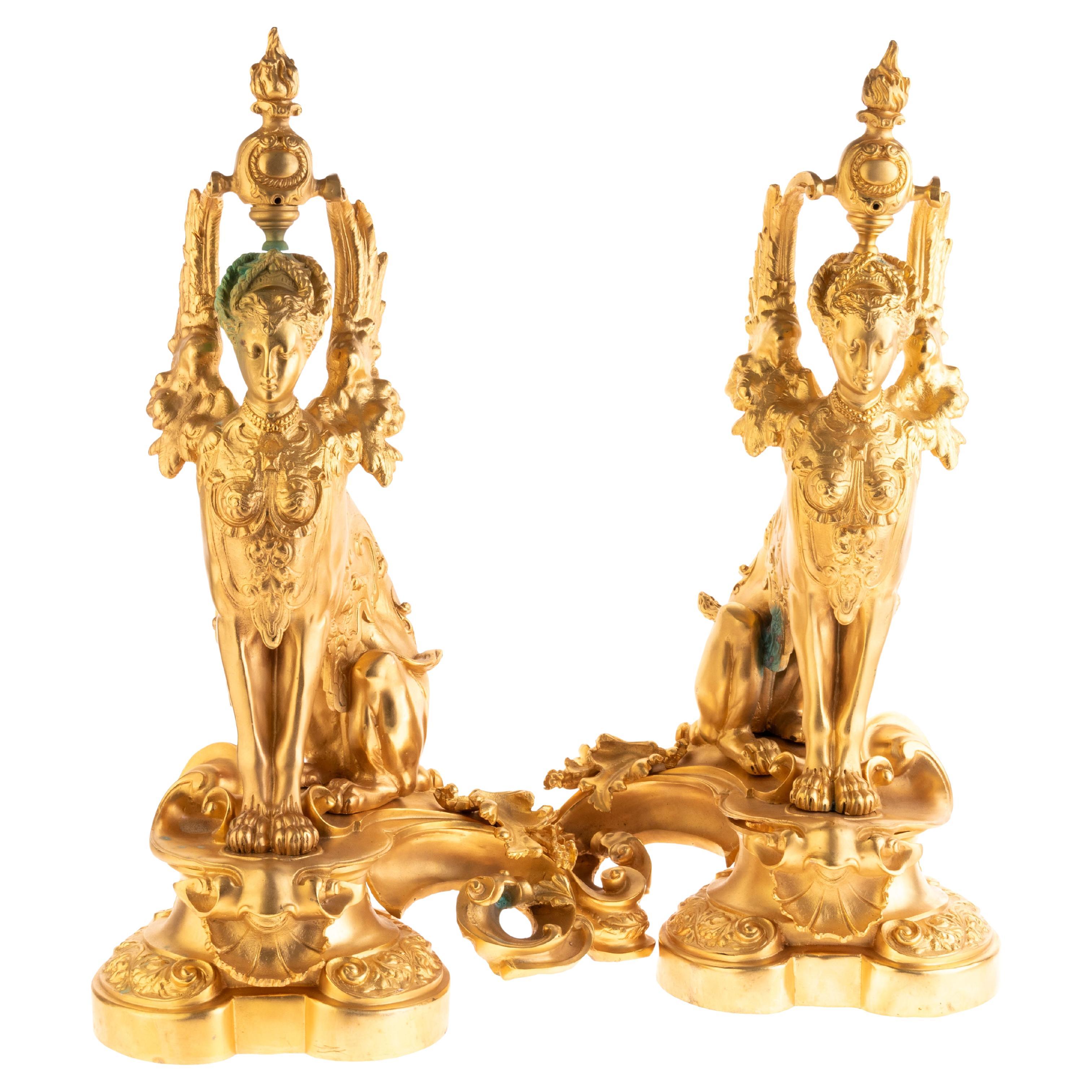 Llamativa Pareja Metal Dorado French Rococo Esfinge Griega Chimenea Chenets Andirons en venta