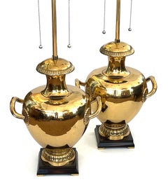 Striking Pair Hollywood Regency Marbro Polished Brass 'Hydria' Lamps
