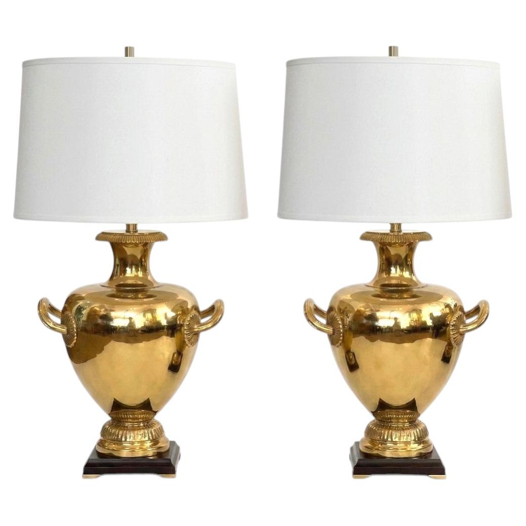 Striking Pair Hollywood Regency Marbro Polished Brass 'Hydria' Lamps For Sale