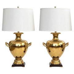 Striking Pair Hollywood Regency Marbro Polished Brass 'Hydria' Lamps