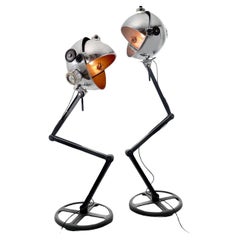 Antique Striking Pair of Articulating Alpine polished Aluminum Eyelid Floor Lamps