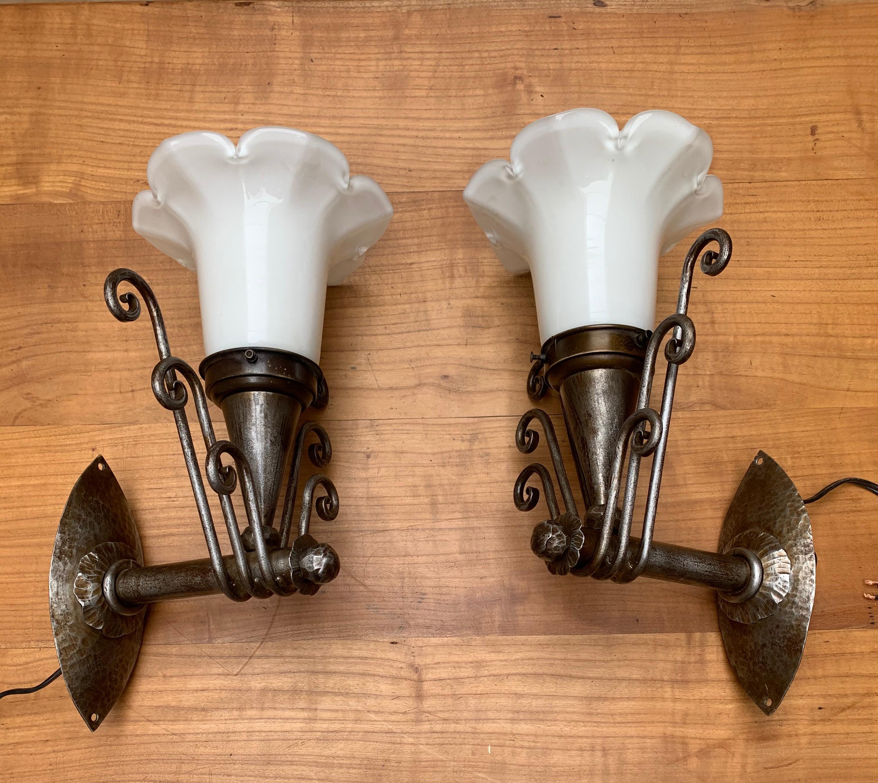 Striking Arts & Crafts Wrought Iron Wall Sconces with Flowery Glass Shades, Pair 11