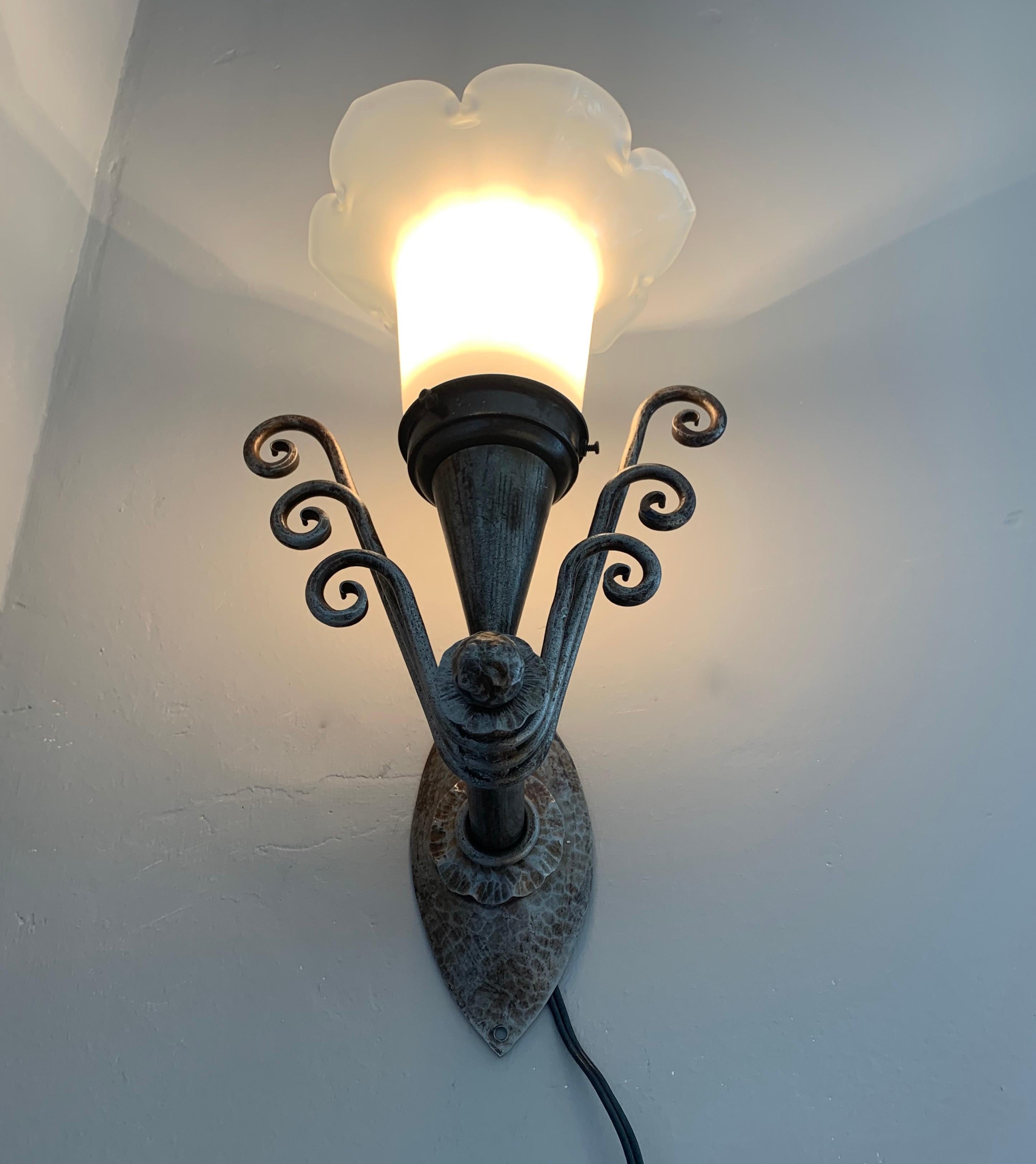 Hand-Crafted Striking Arts & Crafts Wrought Iron Wall Sconces with Flowery Glass Shades, Pair