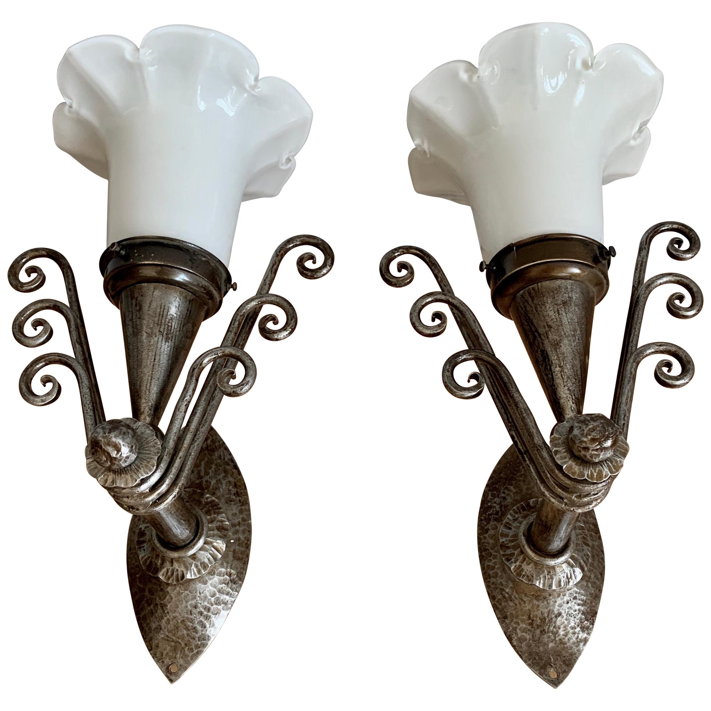 Striking Arts & Crafts Wrought Iron Wall Sconces with Flowery Glass Shades, Pair