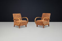 Striking Pair of Austrian Art Deco Lounge Chairs in Walnut with New Tiger Fabric