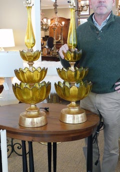 Striking Pair of Blenko 1960's Butterscotch Art Glass Lotus Leaf Lamps