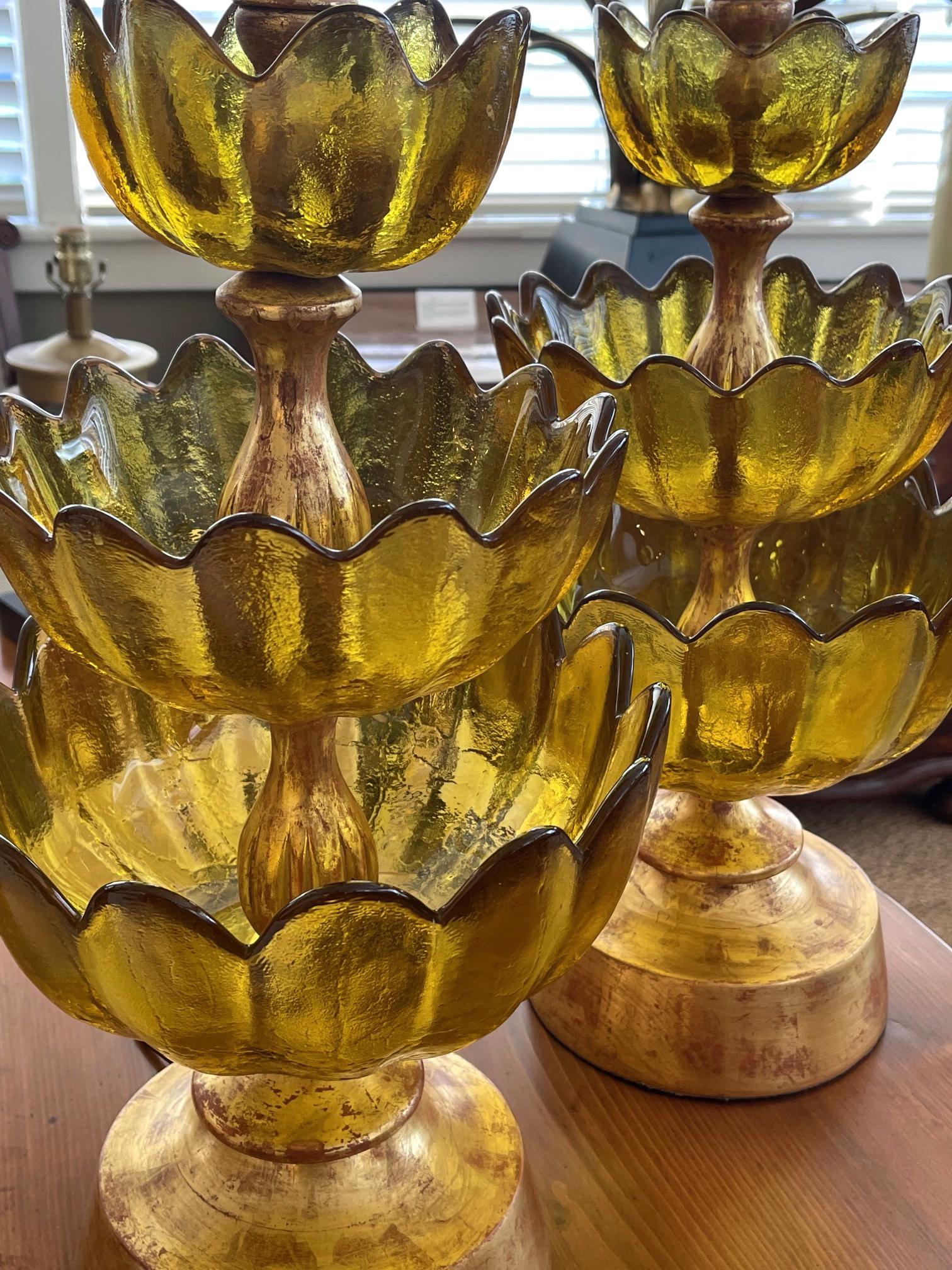 Hollywood Regency Striking Pair of Blenko 1960's Butterscotch Art Glass Lotus Leaf Lamps For Sale