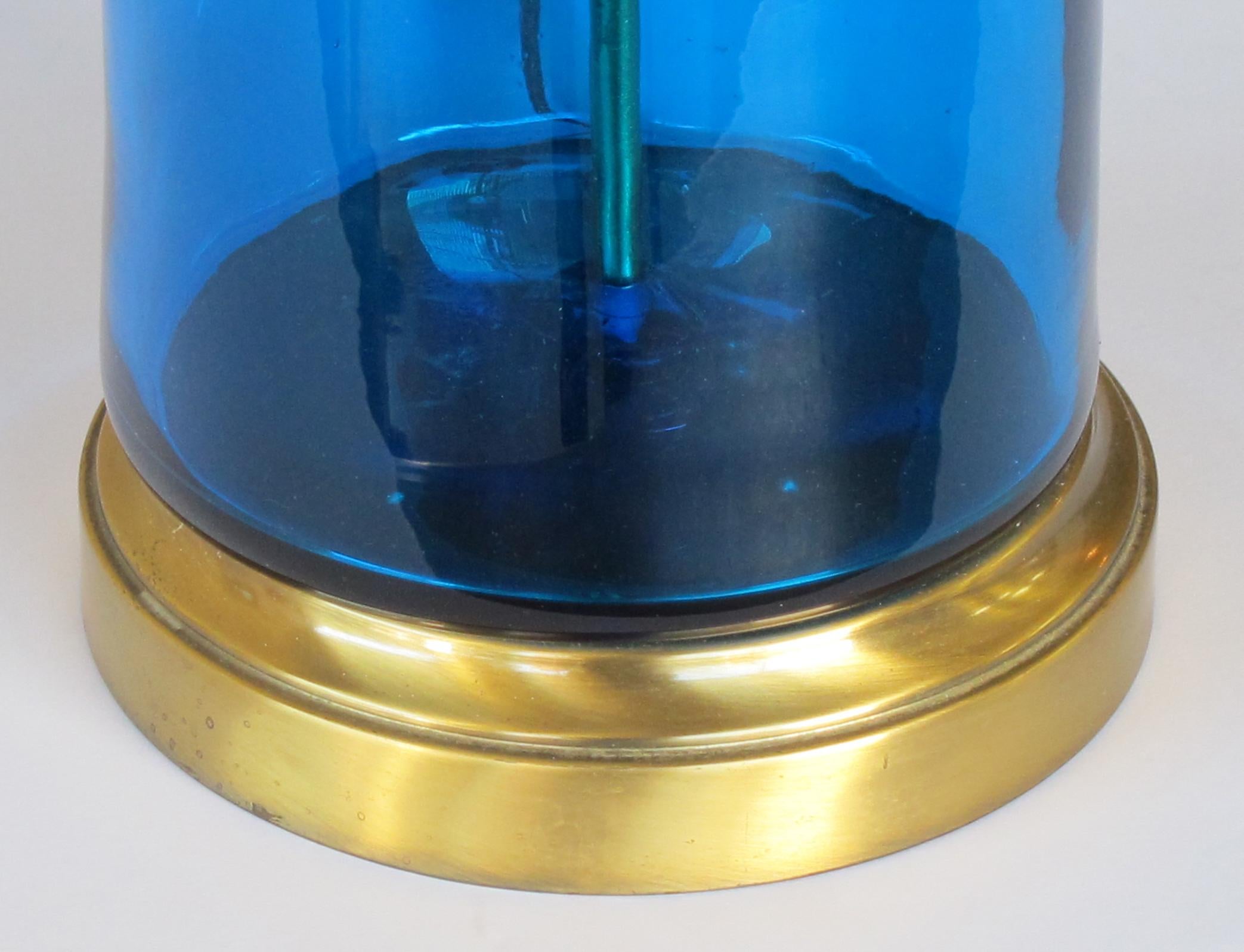 Modern Striking Pair of Blue Art Glass Bottle-Form Lamps; Possibly By Blenko Glassworks