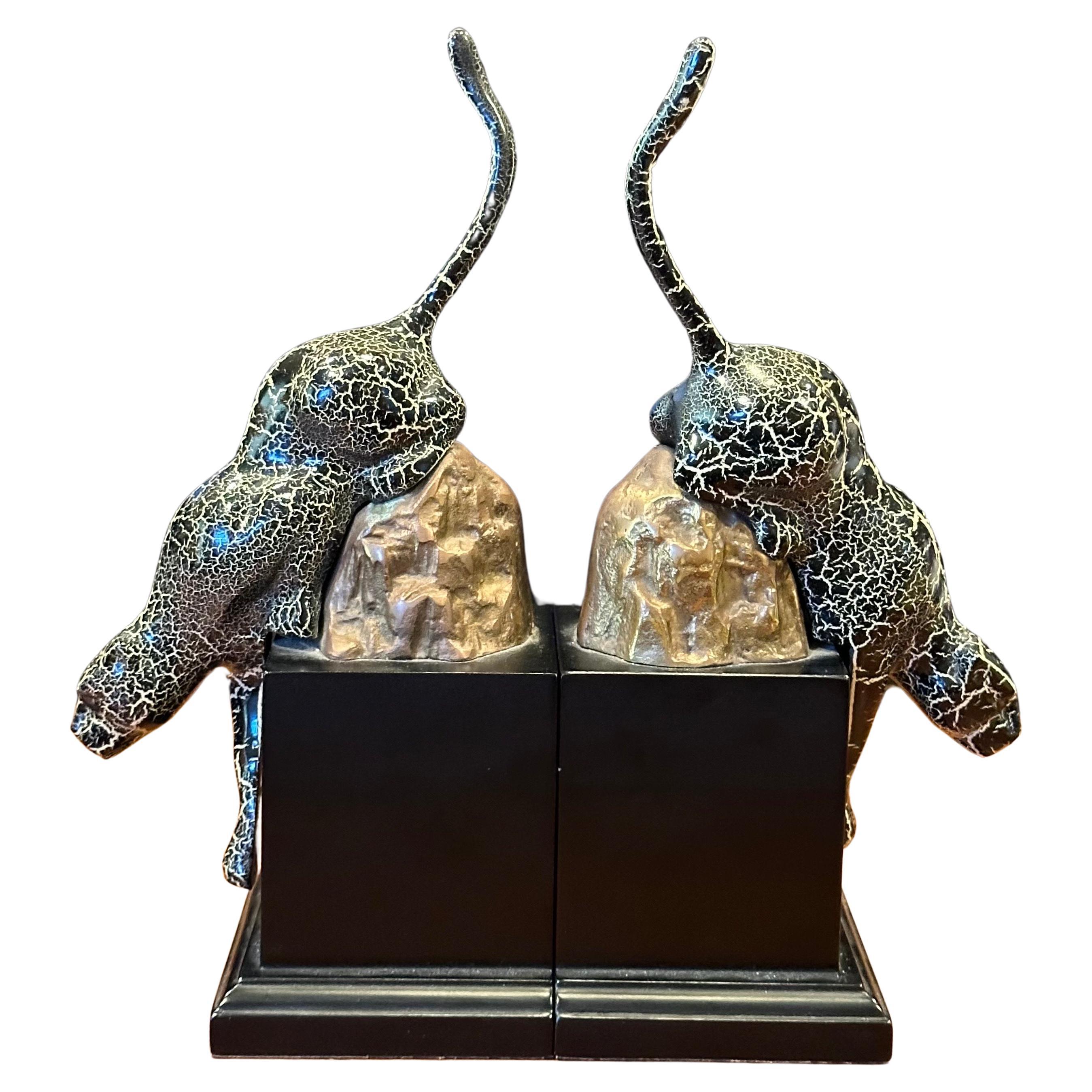 American Striking Pair of Brass and Enamel Art Deco Style Jaguar Bookends