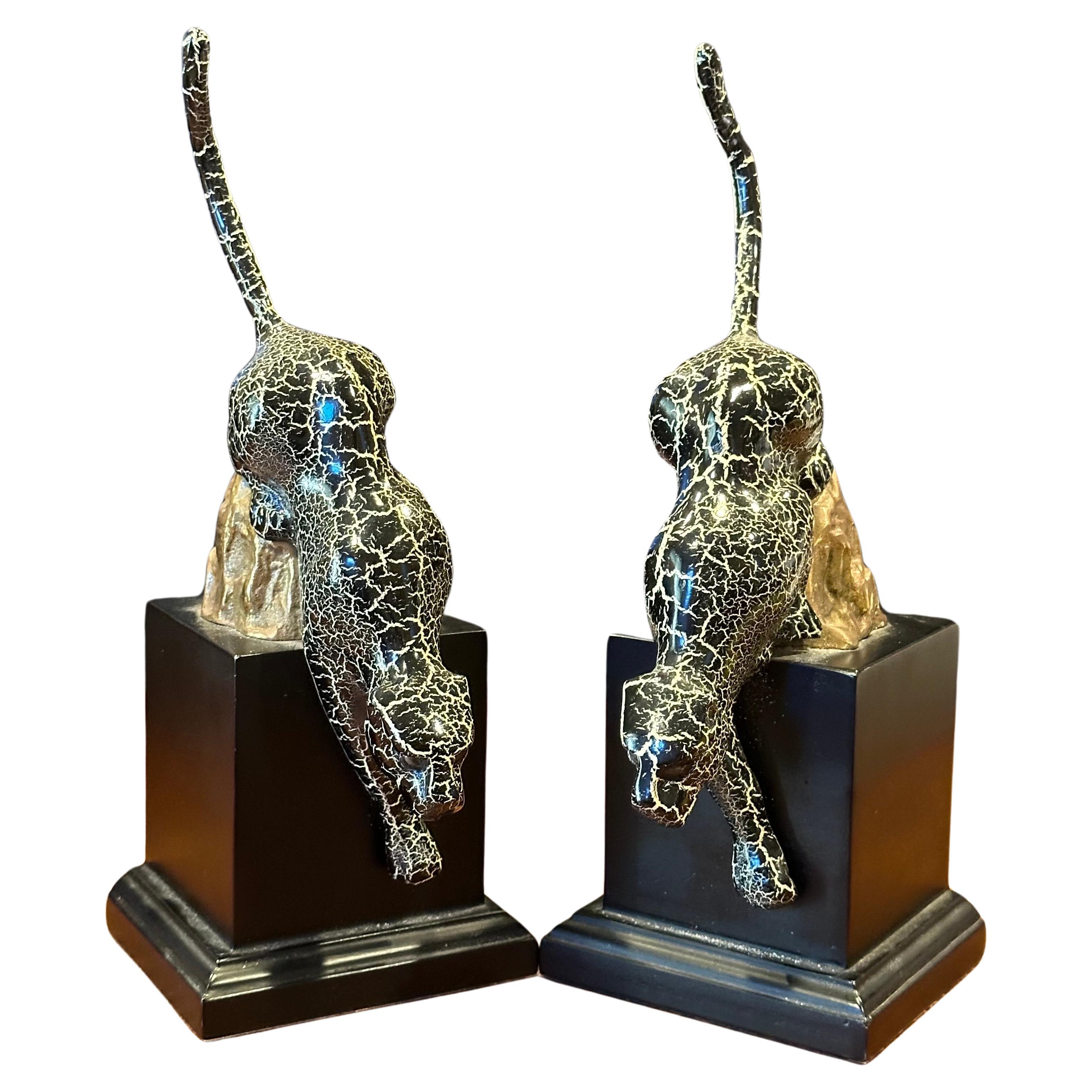 Striking Pair of Brass and Enamel Art Deco Style Jaguar Bookends In Good Condition In San Diego, CA