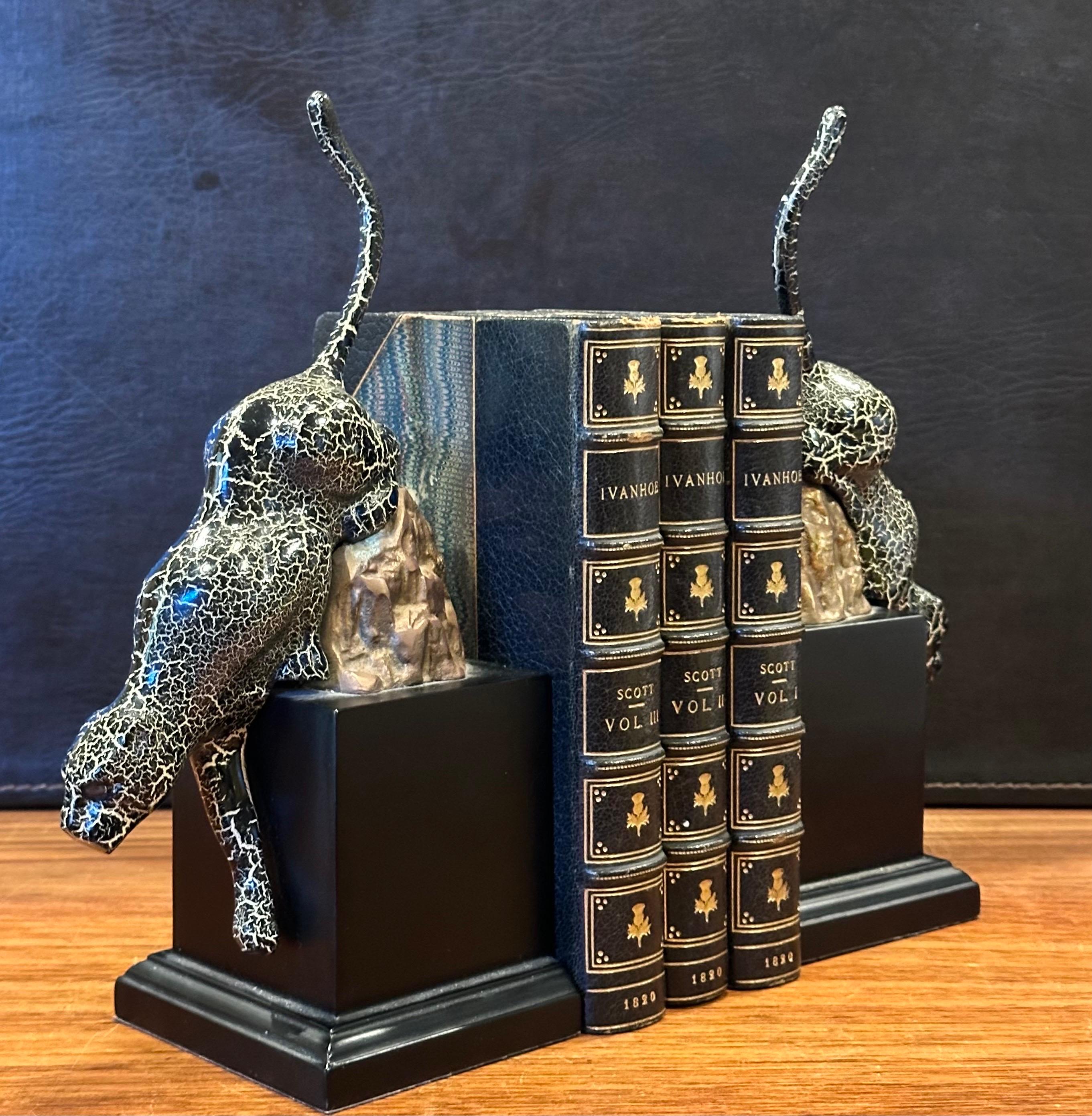 Striking Pair of Brass and Enamel Art Deco Style Jaguar Bookends 1