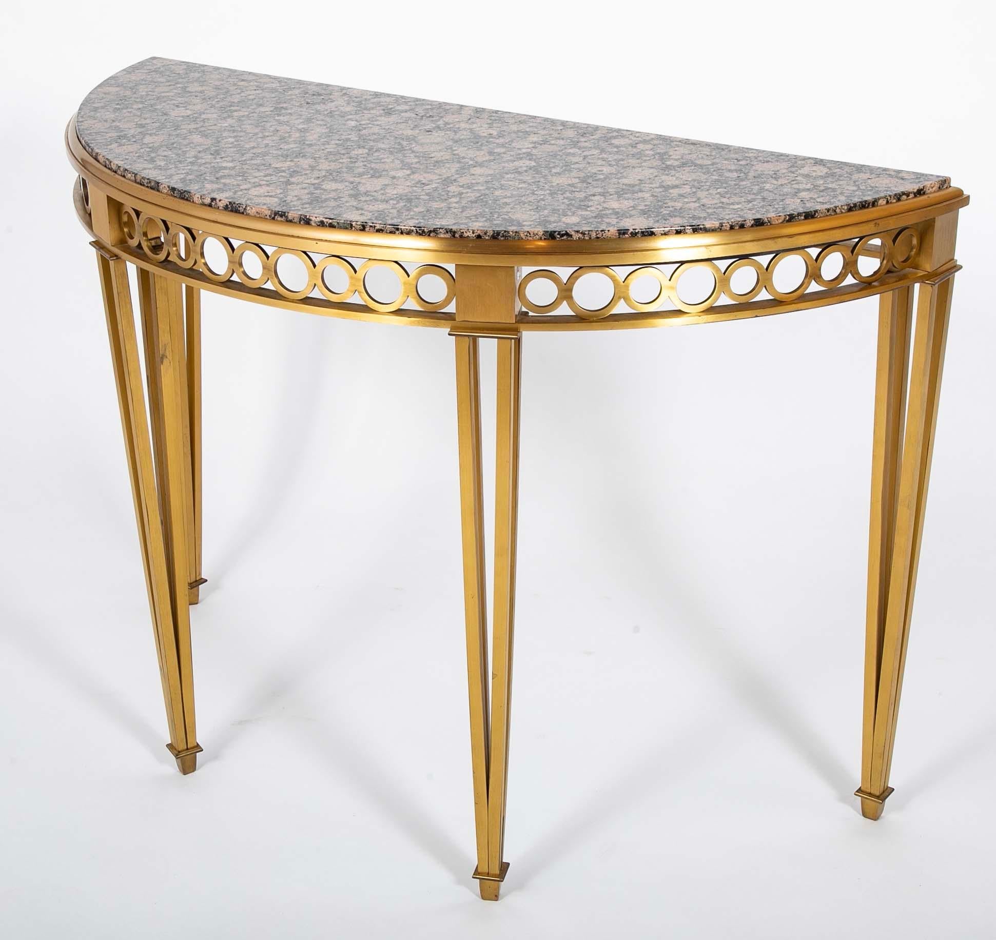 Striking Pair of Bronze Consoles with Fossilized Marble Tops For Sale 1