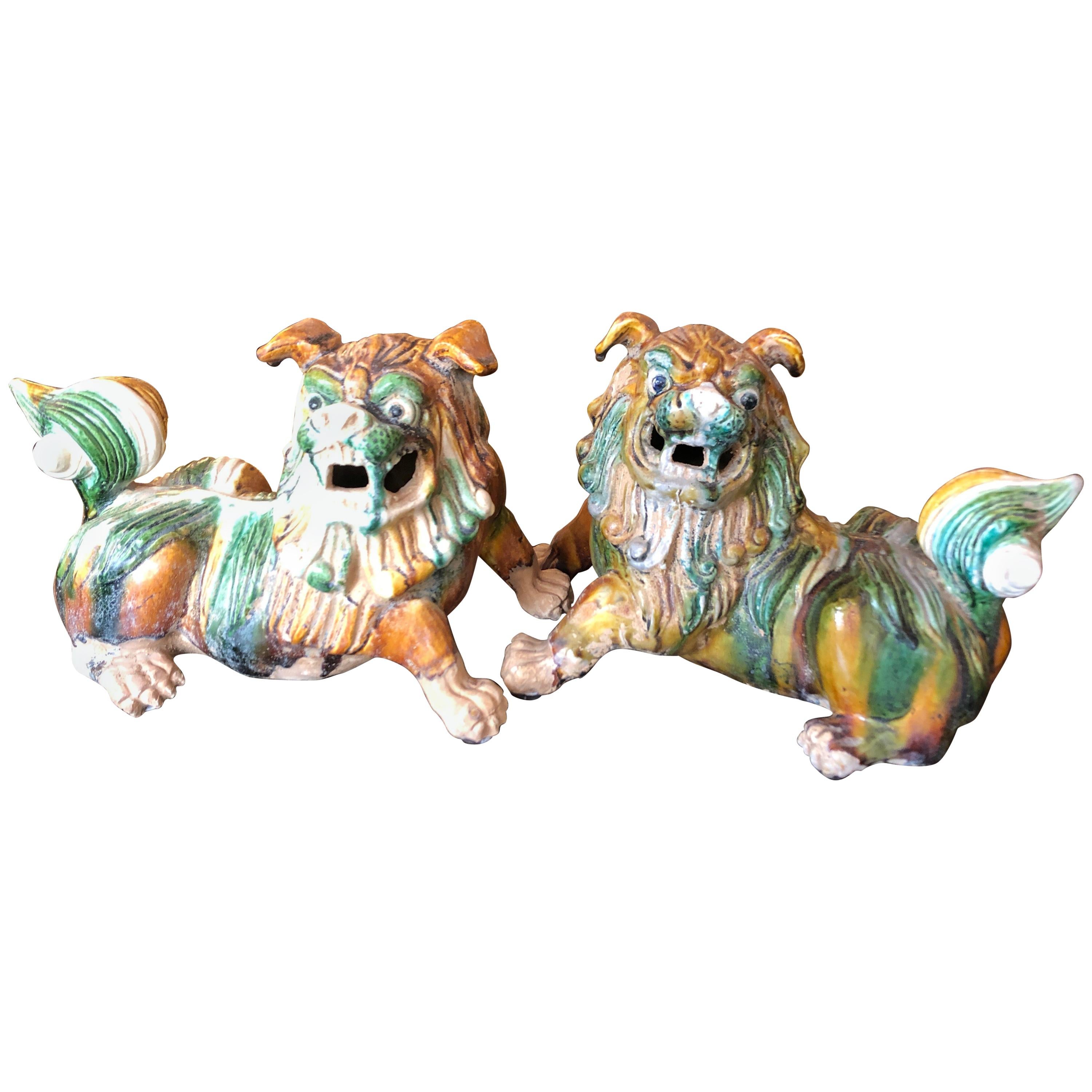 Striking Pair of Ceramic Chinese Foo Dogs Sculptures