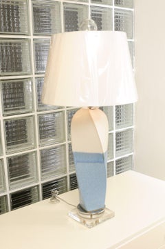 Striking Pair of Custom Portuguese Ceramic Lamps in Cream and Sultanabad Blue