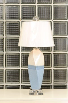 Striking Pair of Custom Portuguese Ceramic Lamps in Cream and Sultanabad Blue