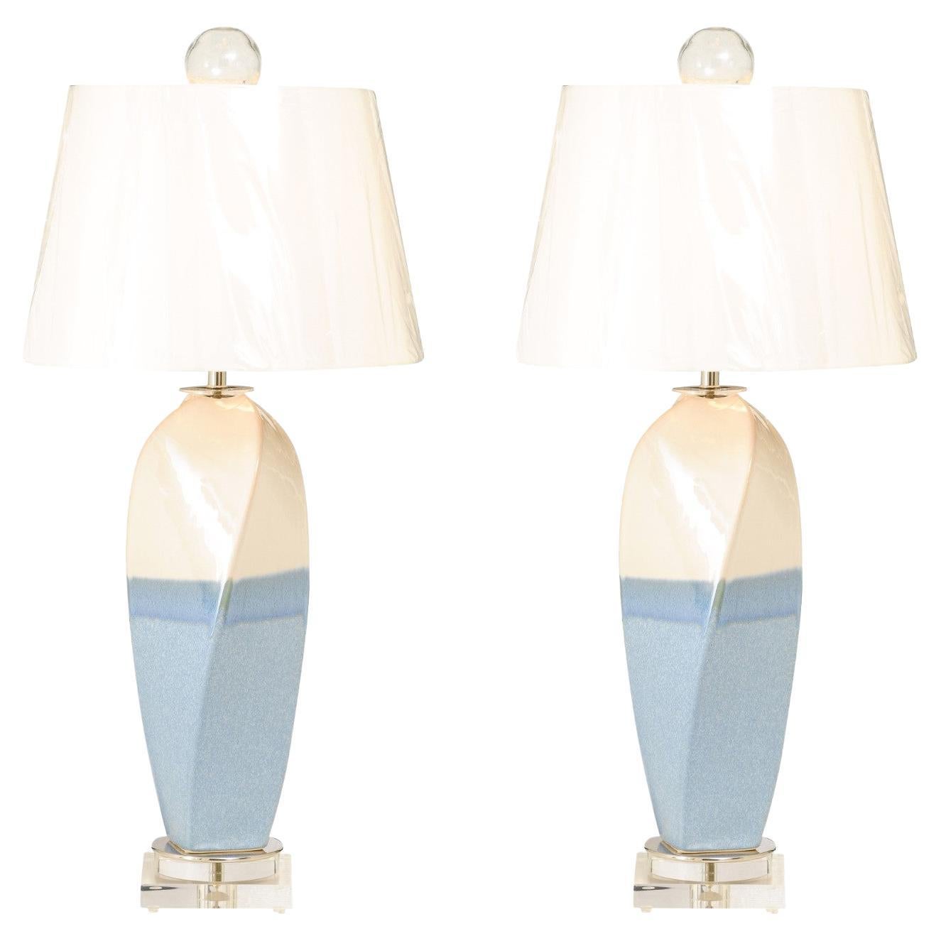 Striking Pair of Custom Portuguese Ceramic Lamps in Cream and Sultanabad Blue For Sale