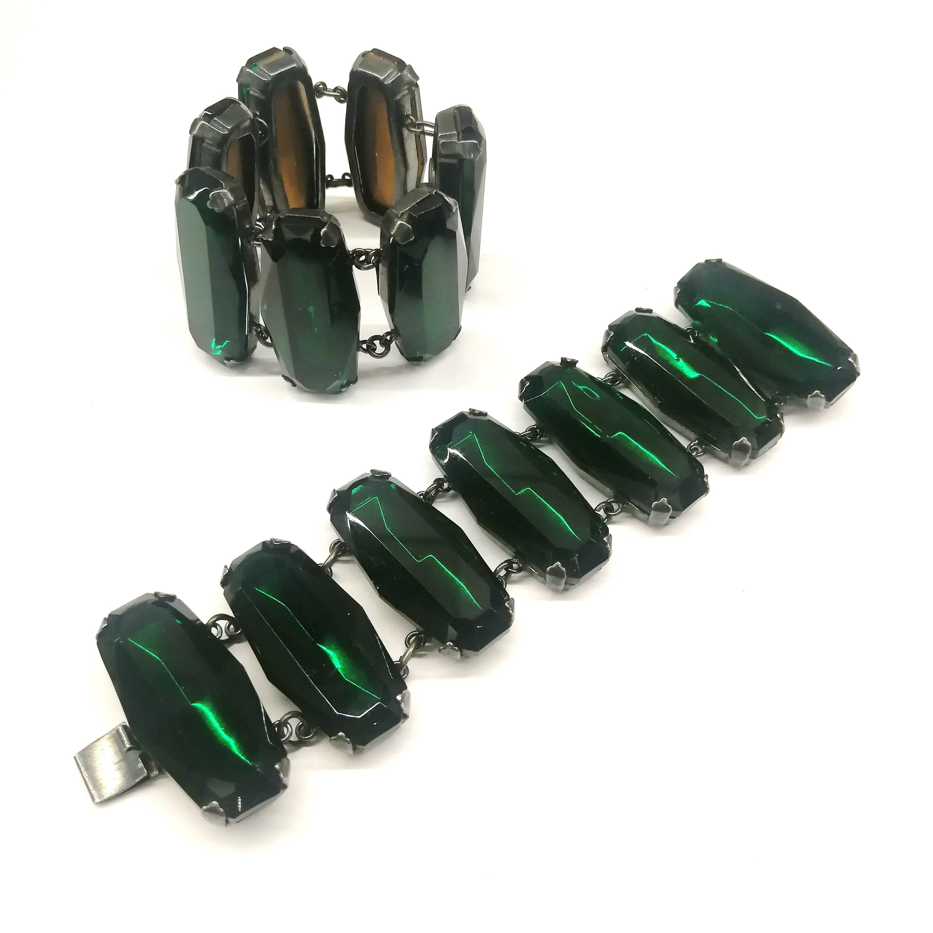 Striking pair of emerald paste bracelets, Yves Saint Laurent, 1980s In Excellent Condition In Greyabbey, County Down