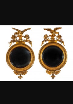 Striking Pair of Federal Carved Giltwood Girandole Convex Mirrors, Circa 1790s