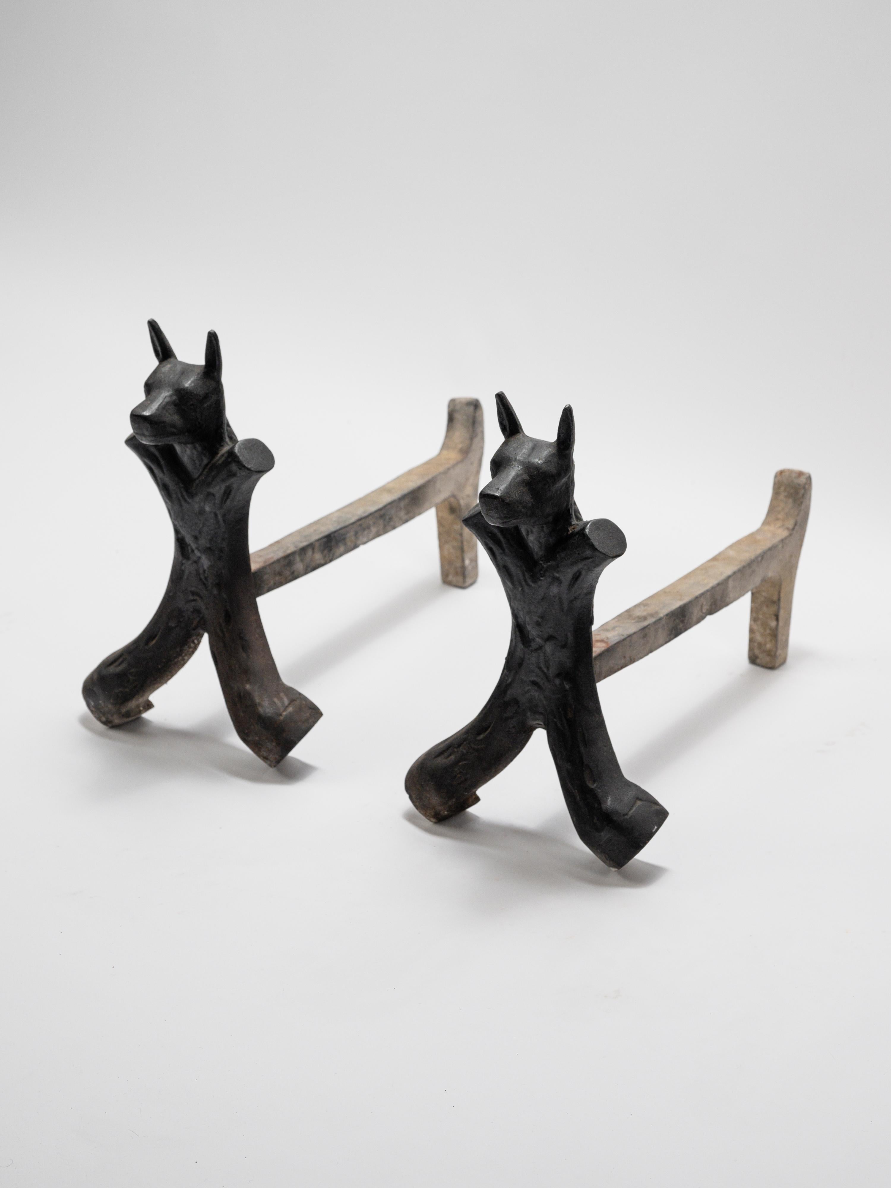 Mid-Century Modern Striking pair of French wrought iron andirons from the 1950s For Sale