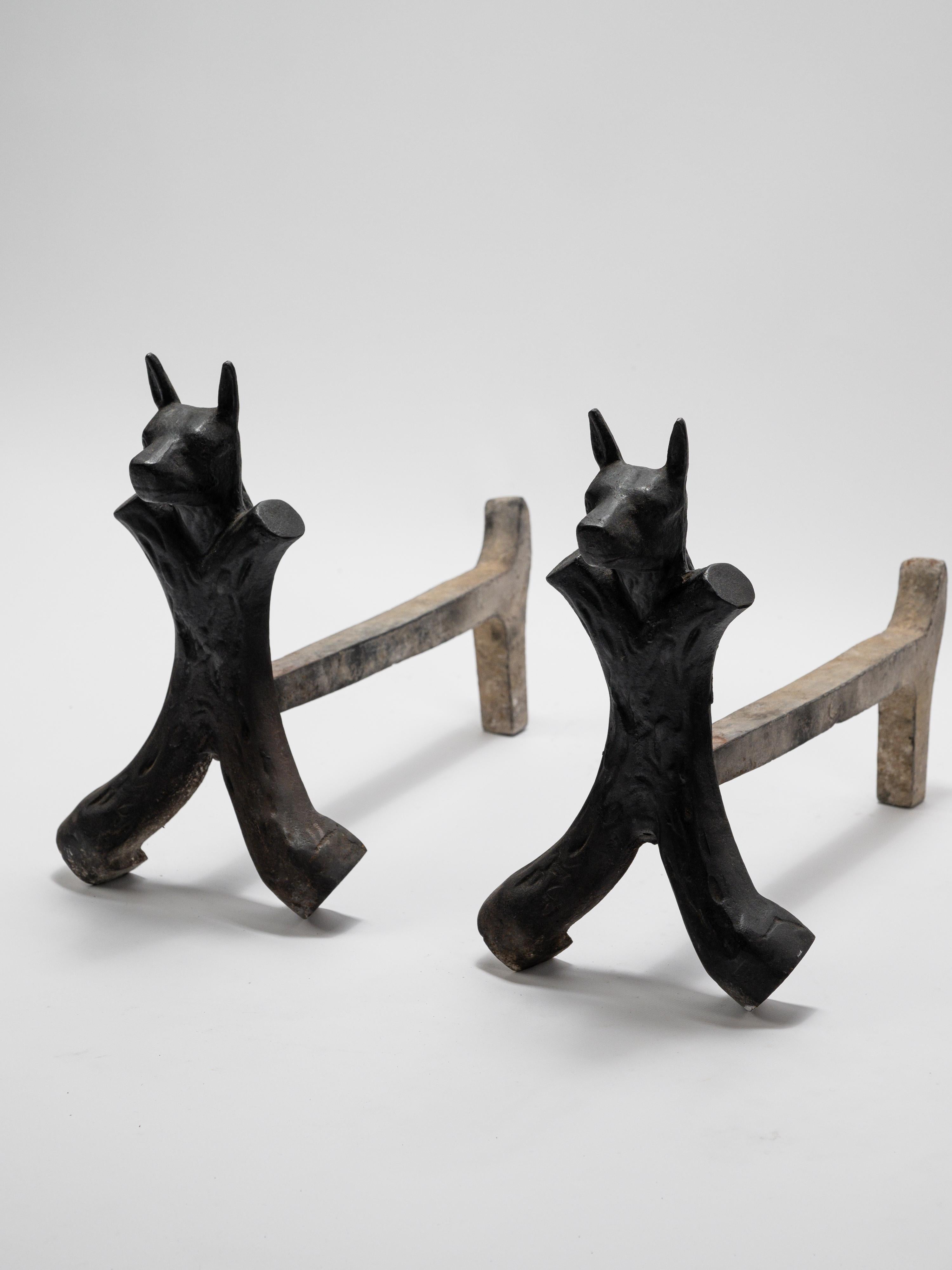European Striking pair of French wrought iron andirons from the 1950s For Sale
