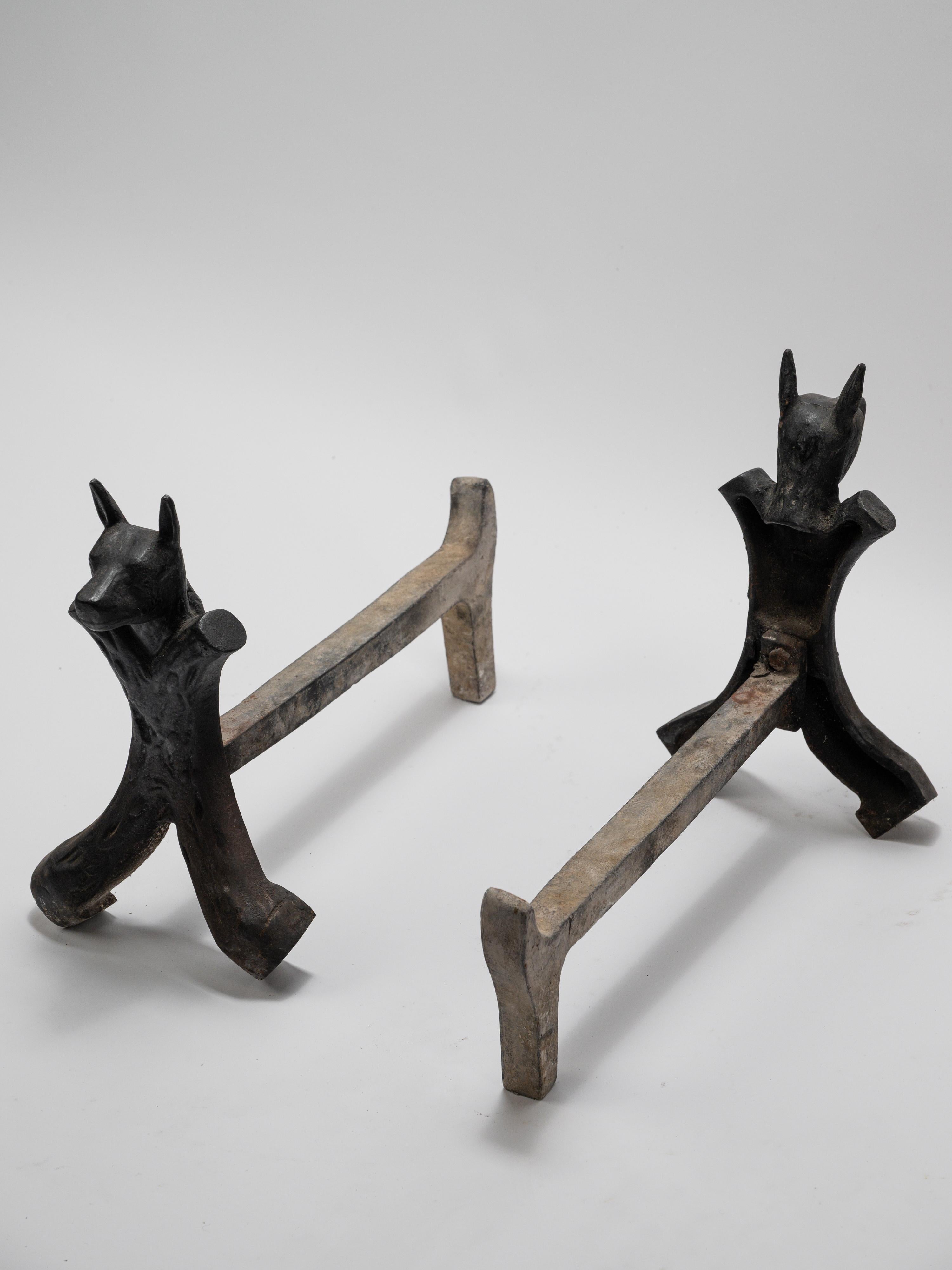 Mid-20th Century Striking pair of French wrought iron andirons from the 1950s For Sale