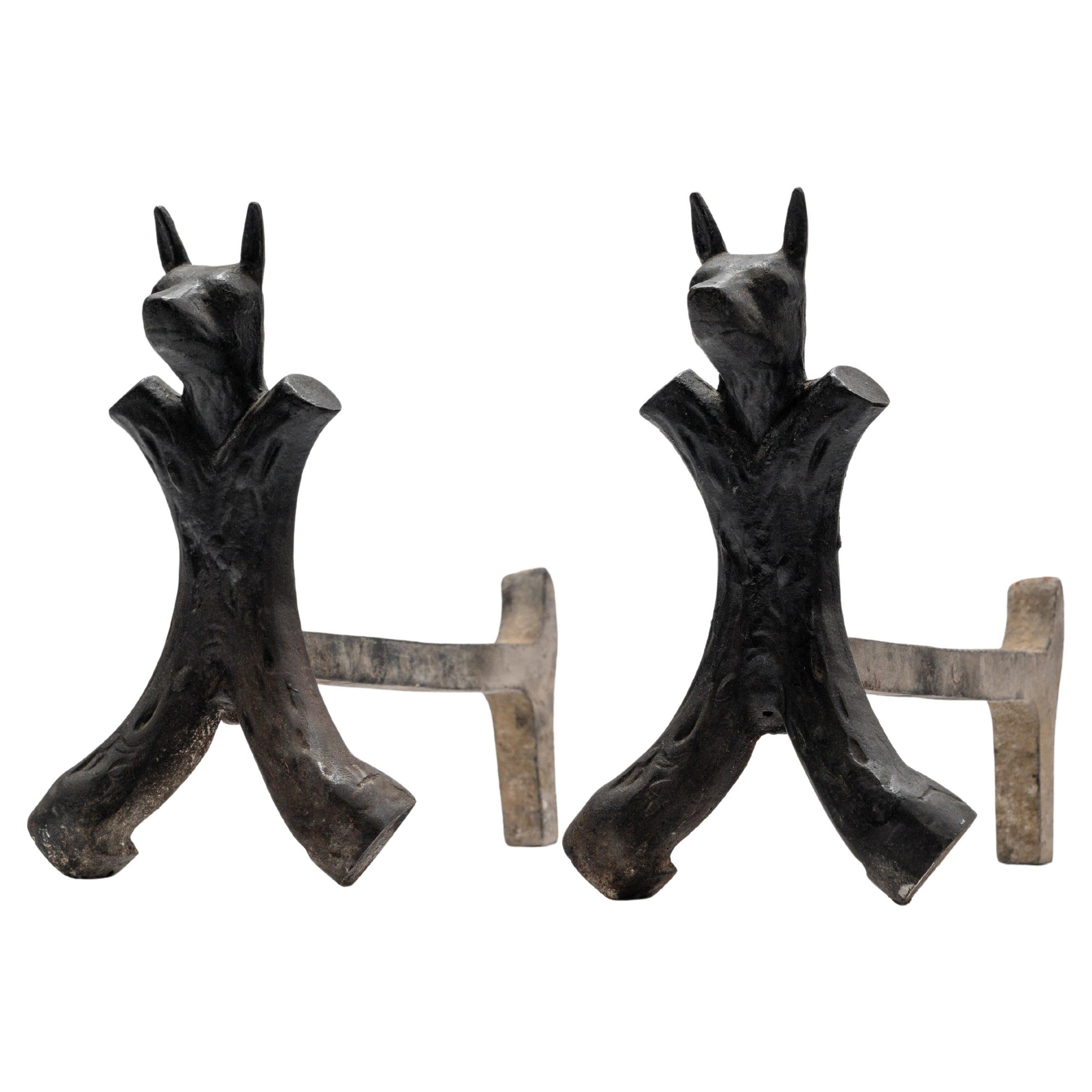 Striking pair of French wrought iron andirons from the 1950s For Sale