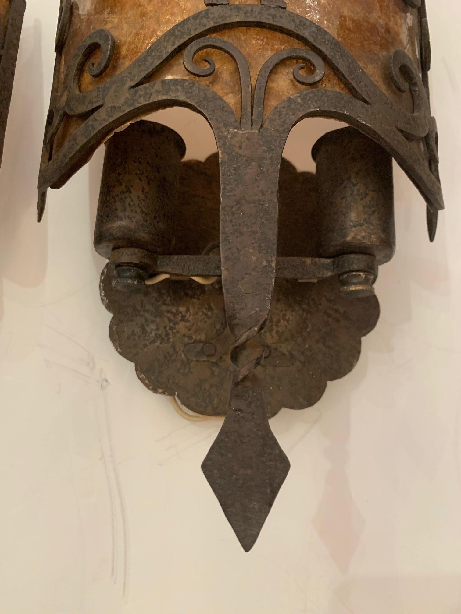 English Striking Pair of Gothic Style Iron and Mica Wall Sconces