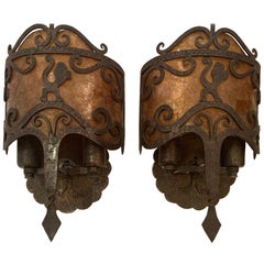 Striking Pair of Gothic Style Iron and Mica Wall Sconces