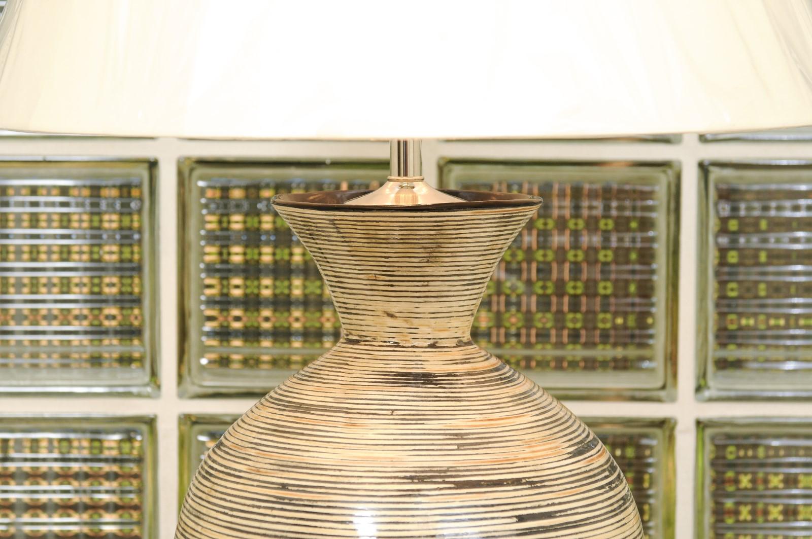 Striking Pair of Hand-Made Bamboo Vessels, circa 1990, as New Custom Lamps In Excellent Condition For Sale In Atlanta, GA