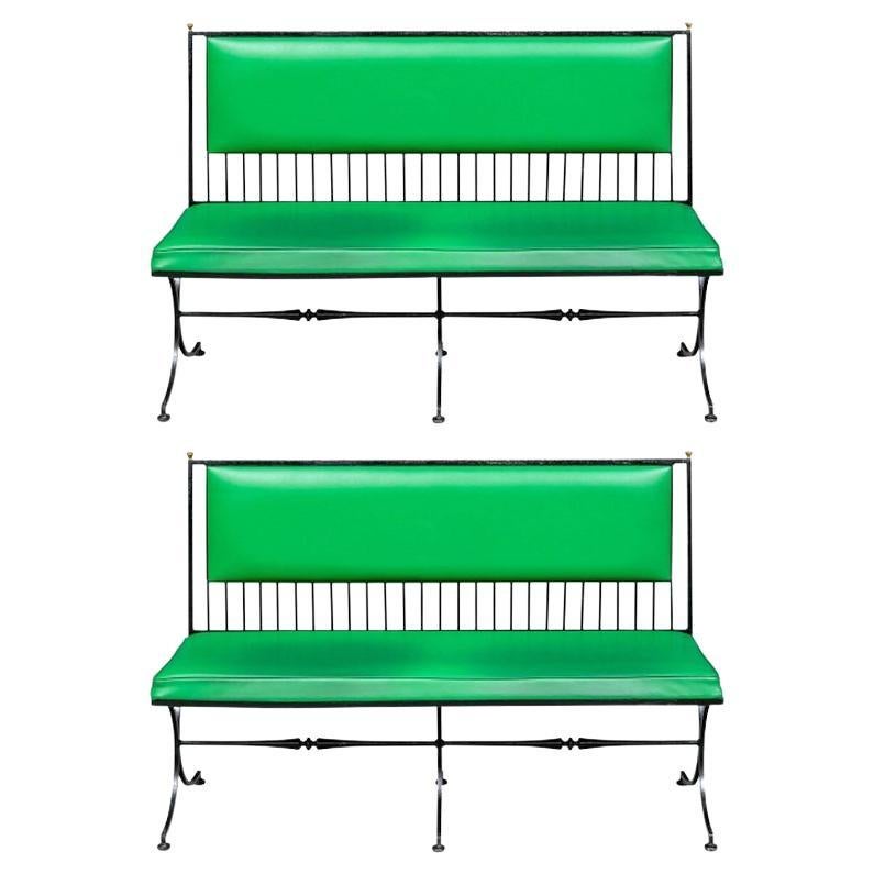 Striking Pair of Iron and Green Vinyl Benches After Tommi Parzinger For Sale