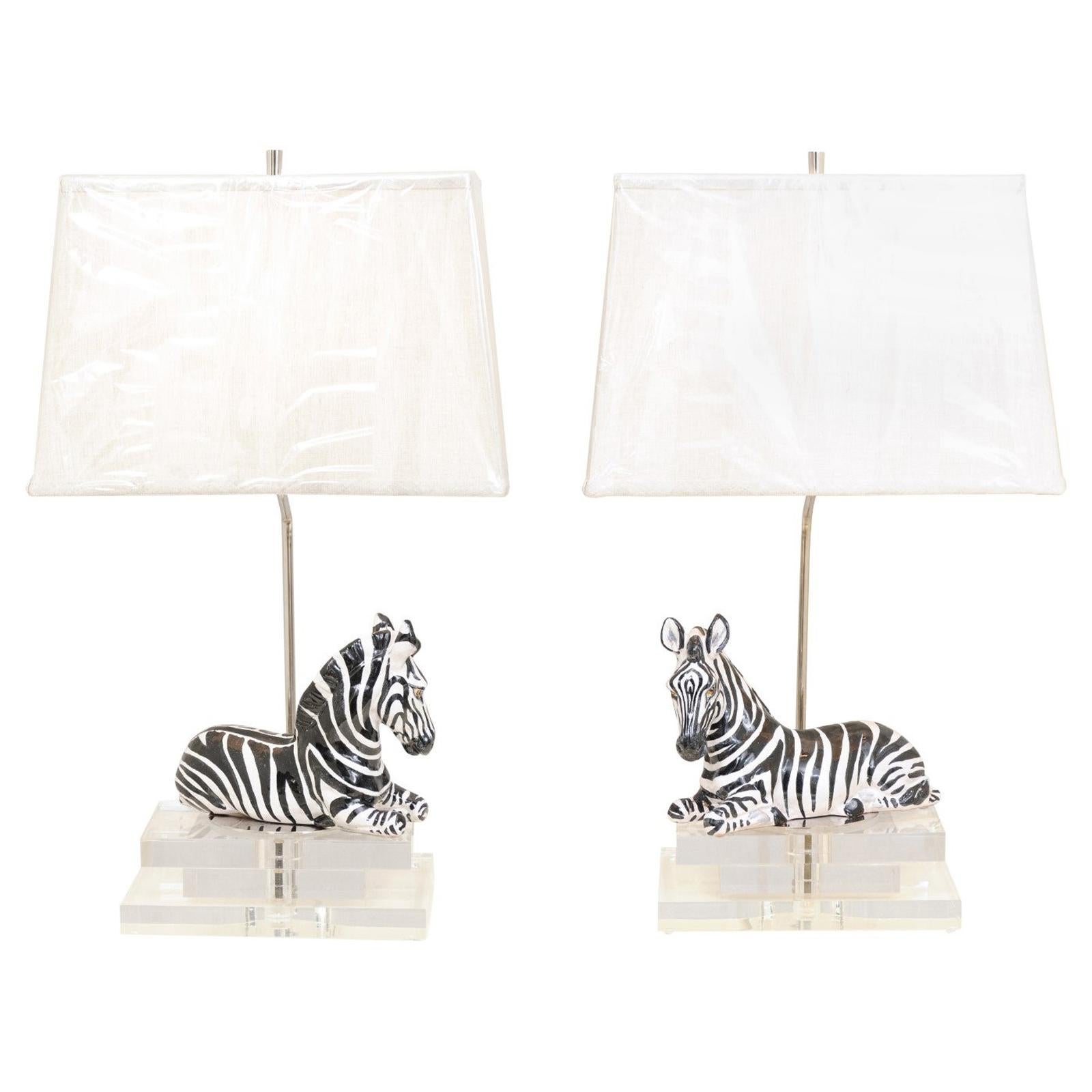 Striking Pair of Italian Zebra Sculptures, circa 1970, as Custom Lamps For Sale