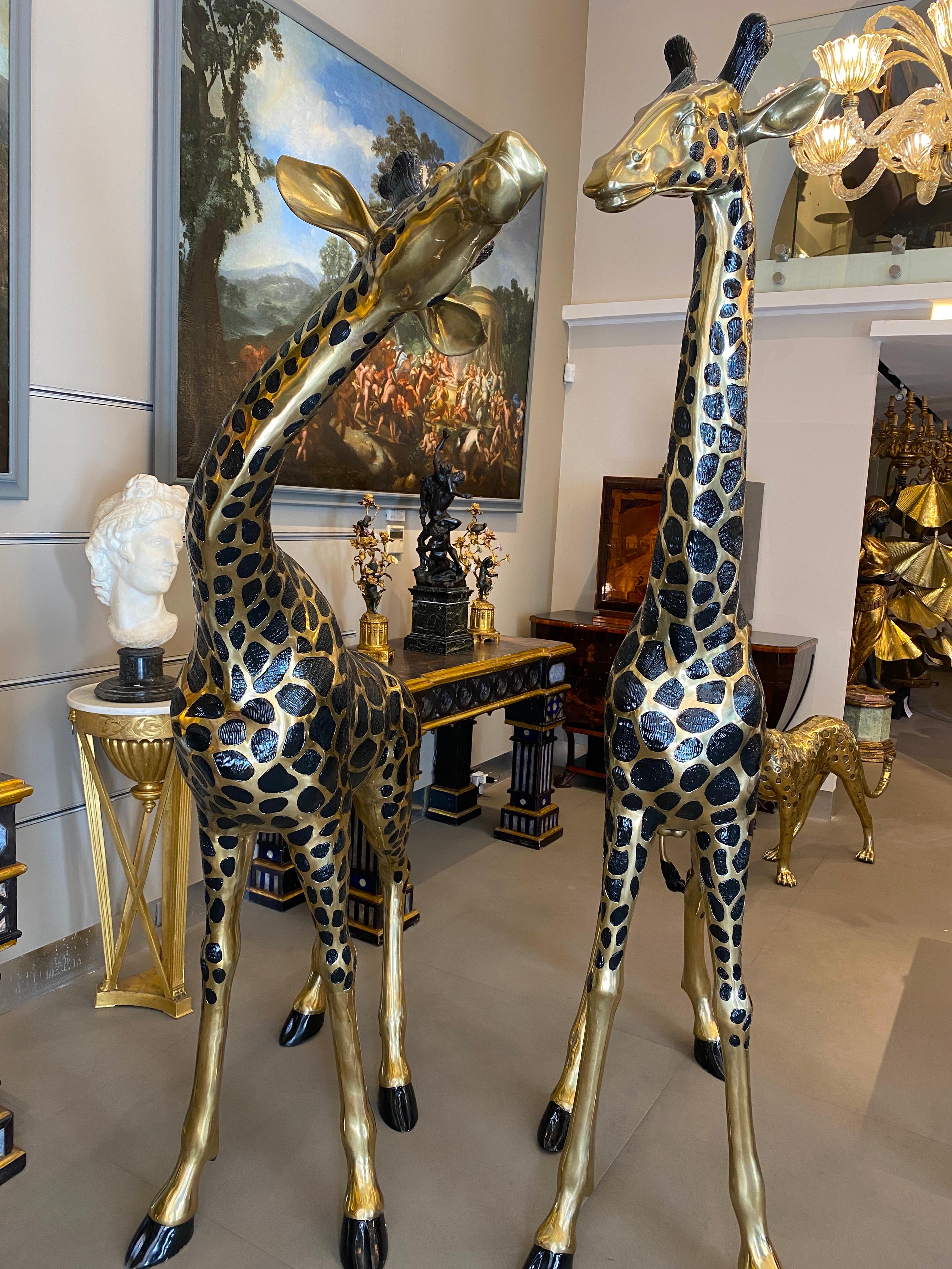 European Striking Pair of Large Brass Sculptures of Giraffes  For Sale
