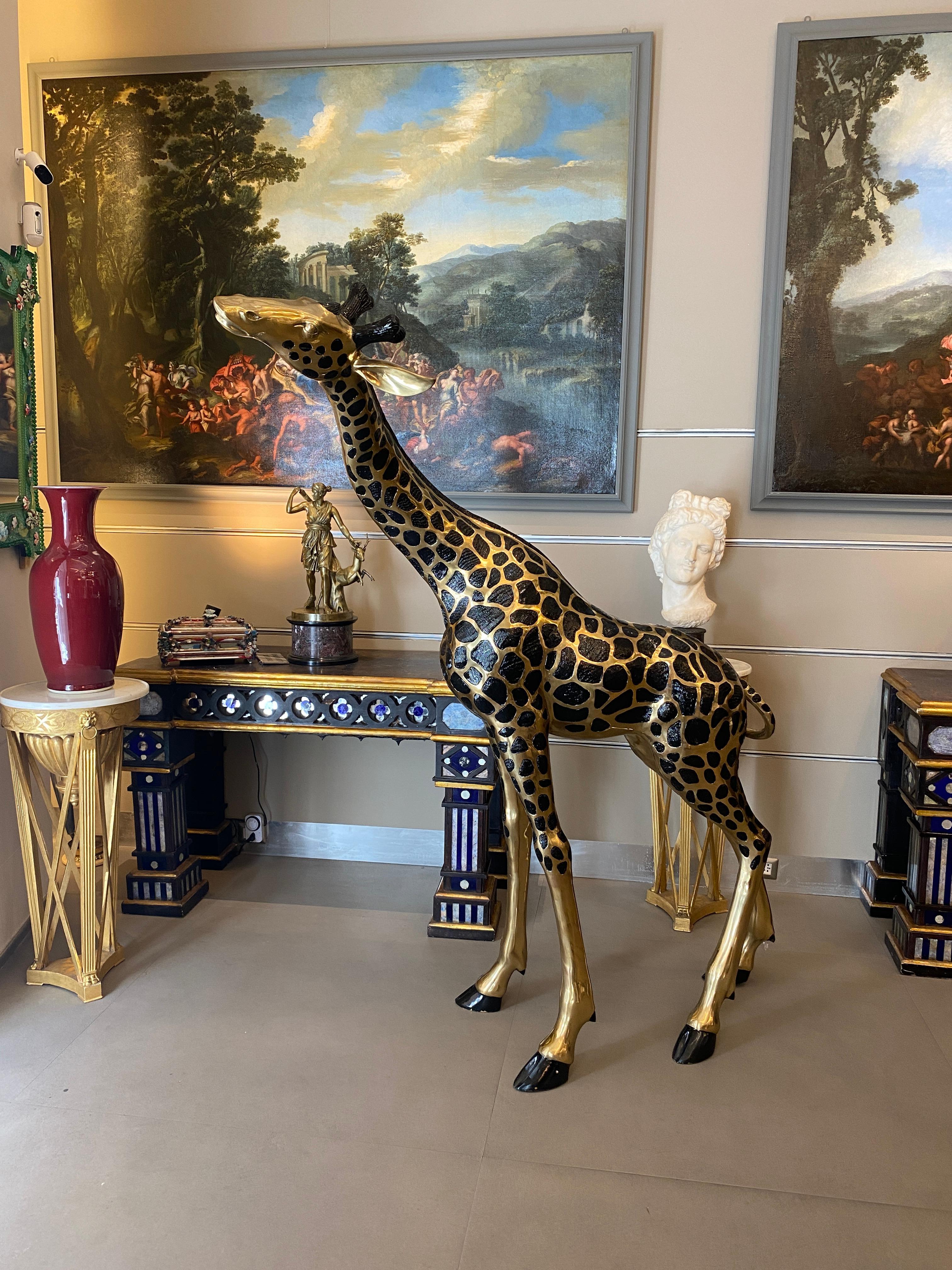 Bronze Striking Pair of Large Brass Sculptures of Giraffes  For Sale